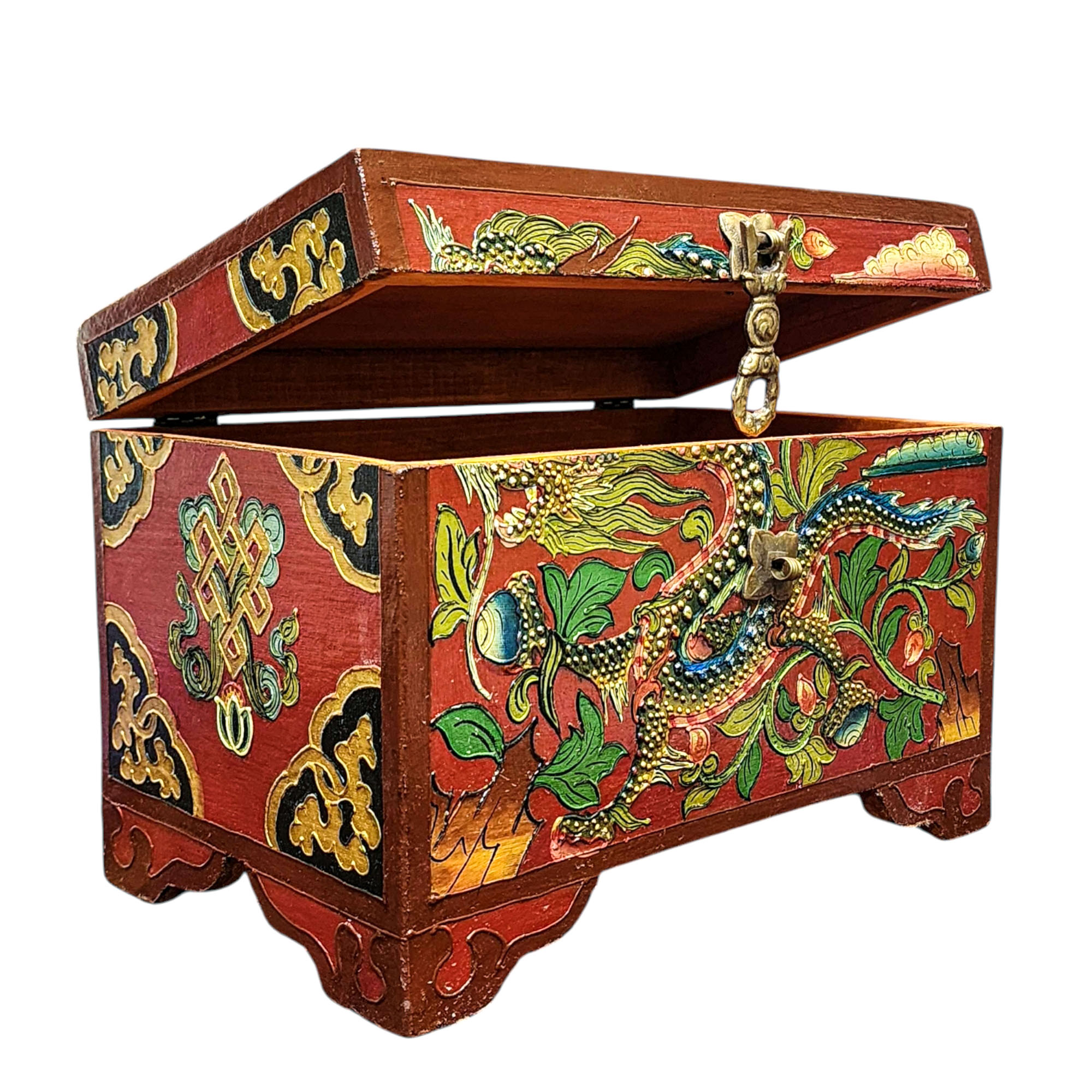 Buddhist Wooden Box With [dragon] Design, Tibetan Style With Traditional Colors