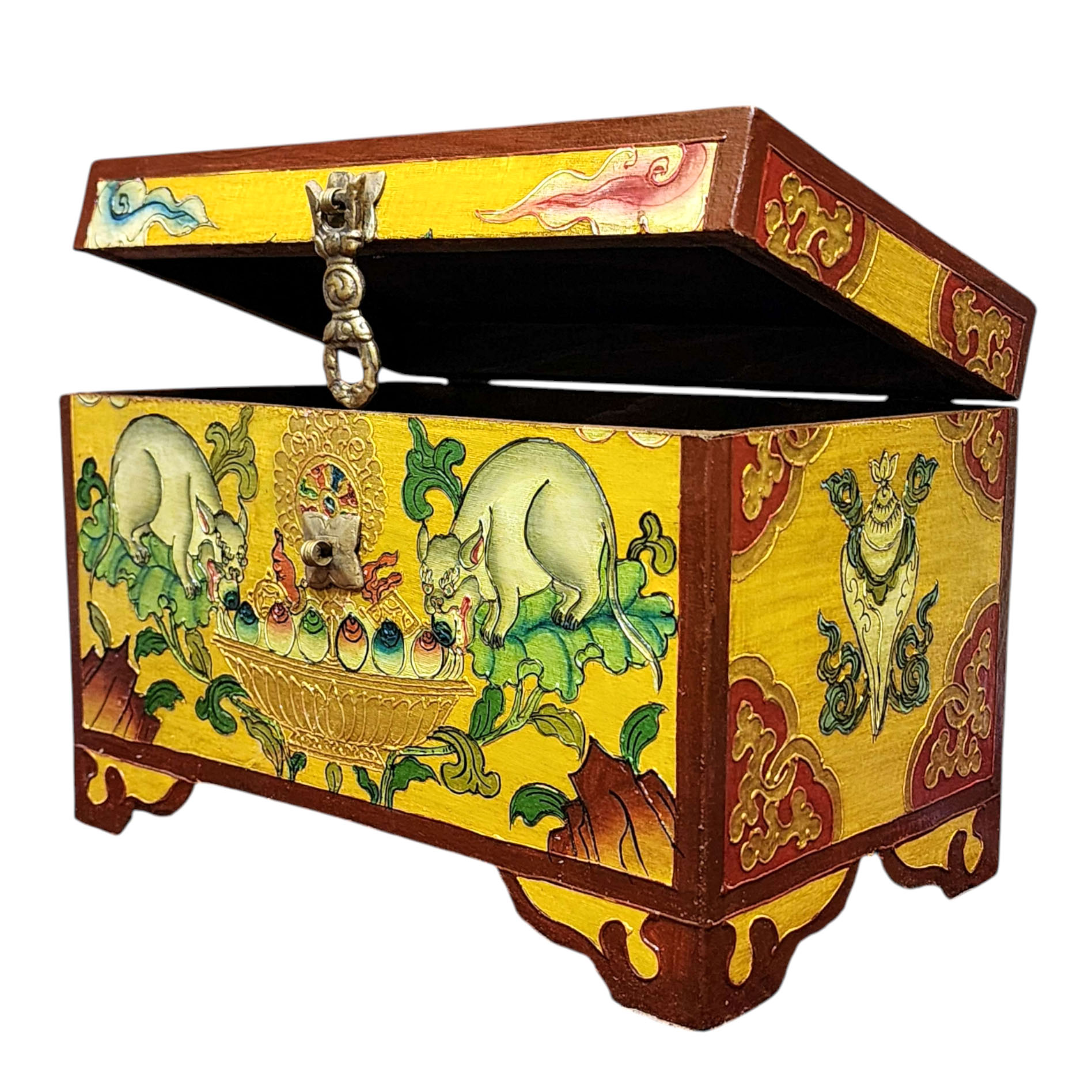 Buddhist Wooden Box With [animal] Design, Tibetan Style With Traditional Colors