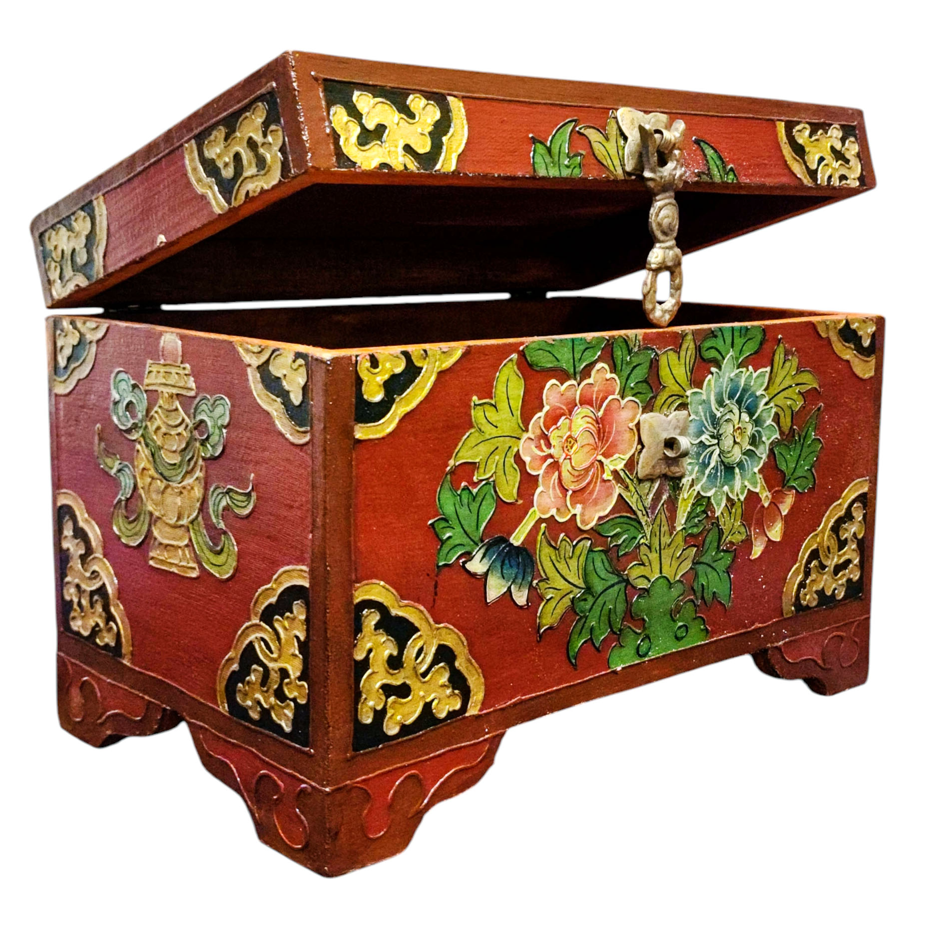 Buddhist Wooden Box With [lotus] Design, Tibetan Style With Traditional Colors