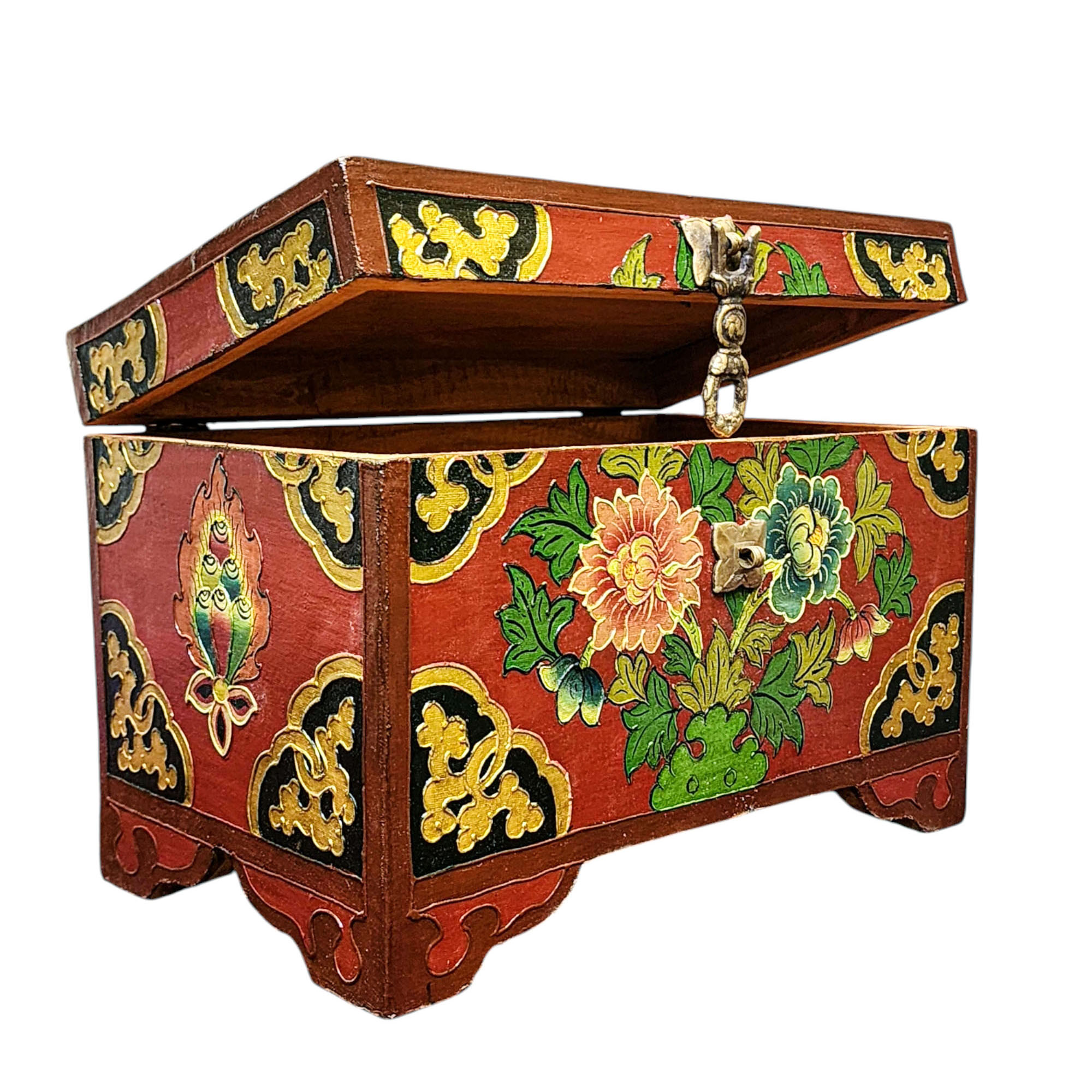 Buddhist Wooden Box With [lotus] Design, Tibetan Style With Traditional Colors