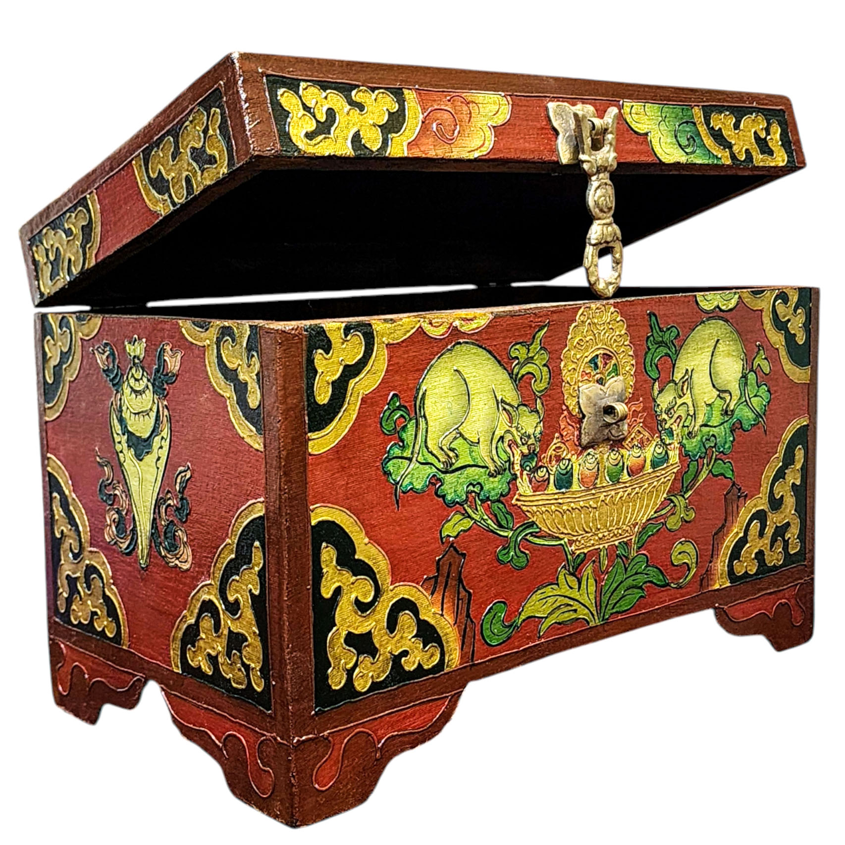 Buddhist Wooden Box With [animal] Design, Tibetan Style With Traditional Colors