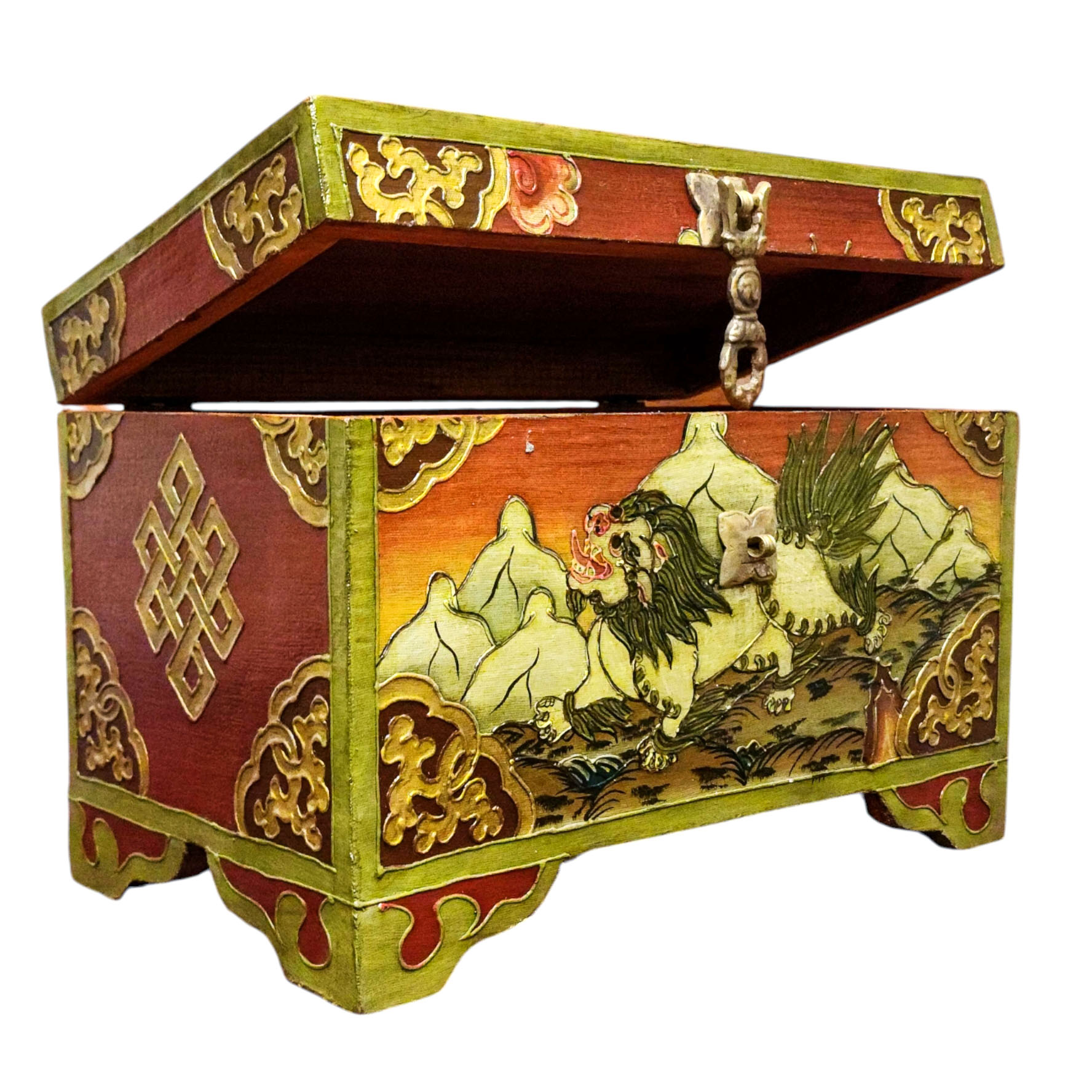 Buddhist Wooden Box With [snow Lion] Design, Tibetan Style With Traditional Colors