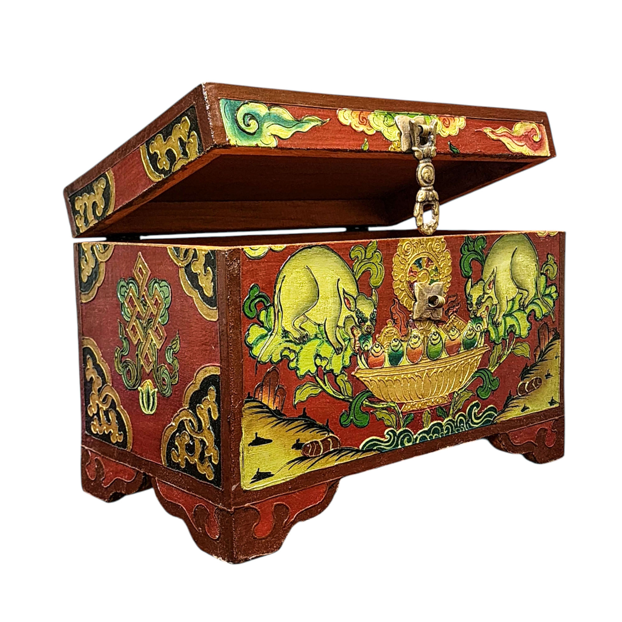 Buddhist Wooden Box With [animal] Design, Tibetan Style With Traditional Colors