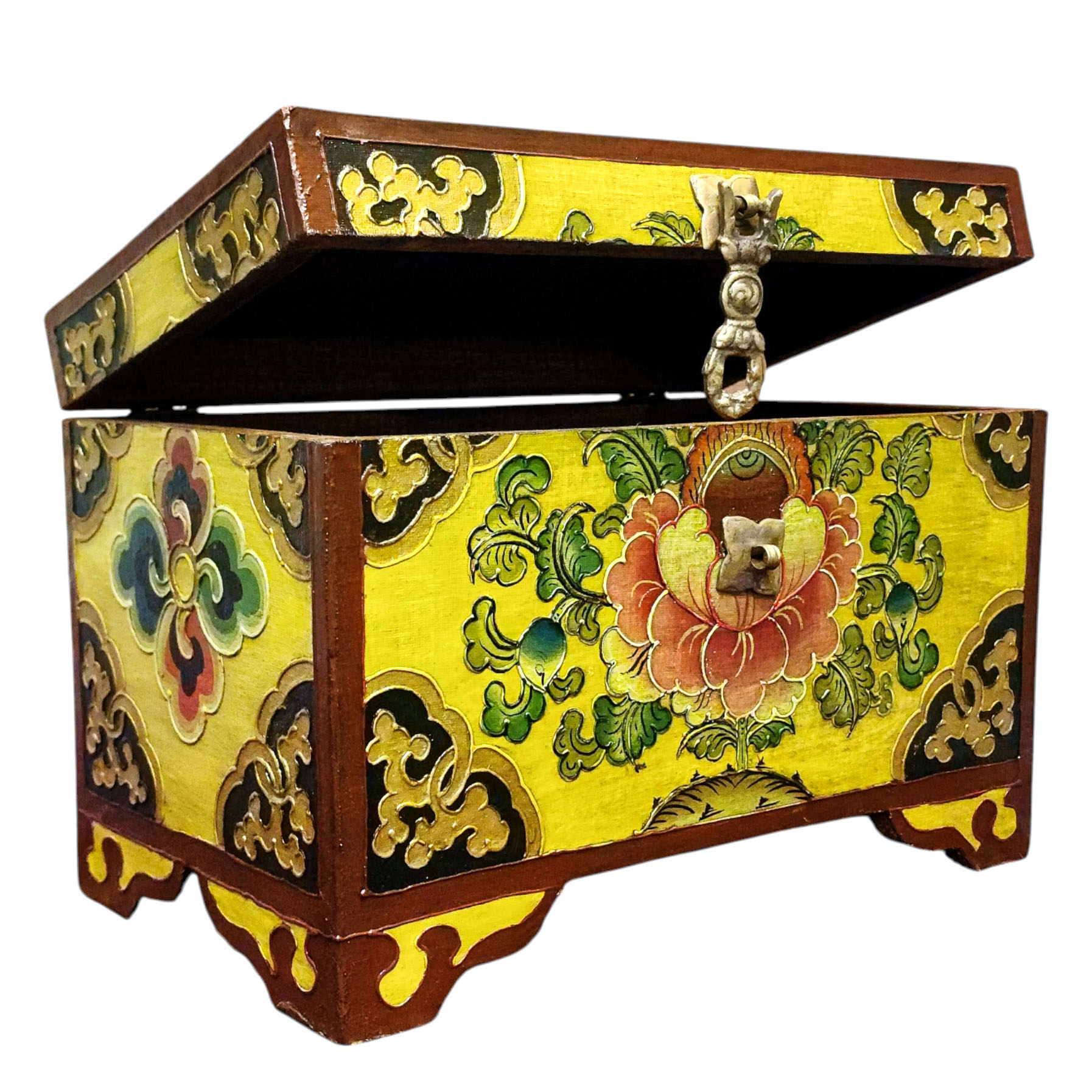 Buddhist Wooden Box With [lotus] Design, Tibetan Style With Traditional Colors
