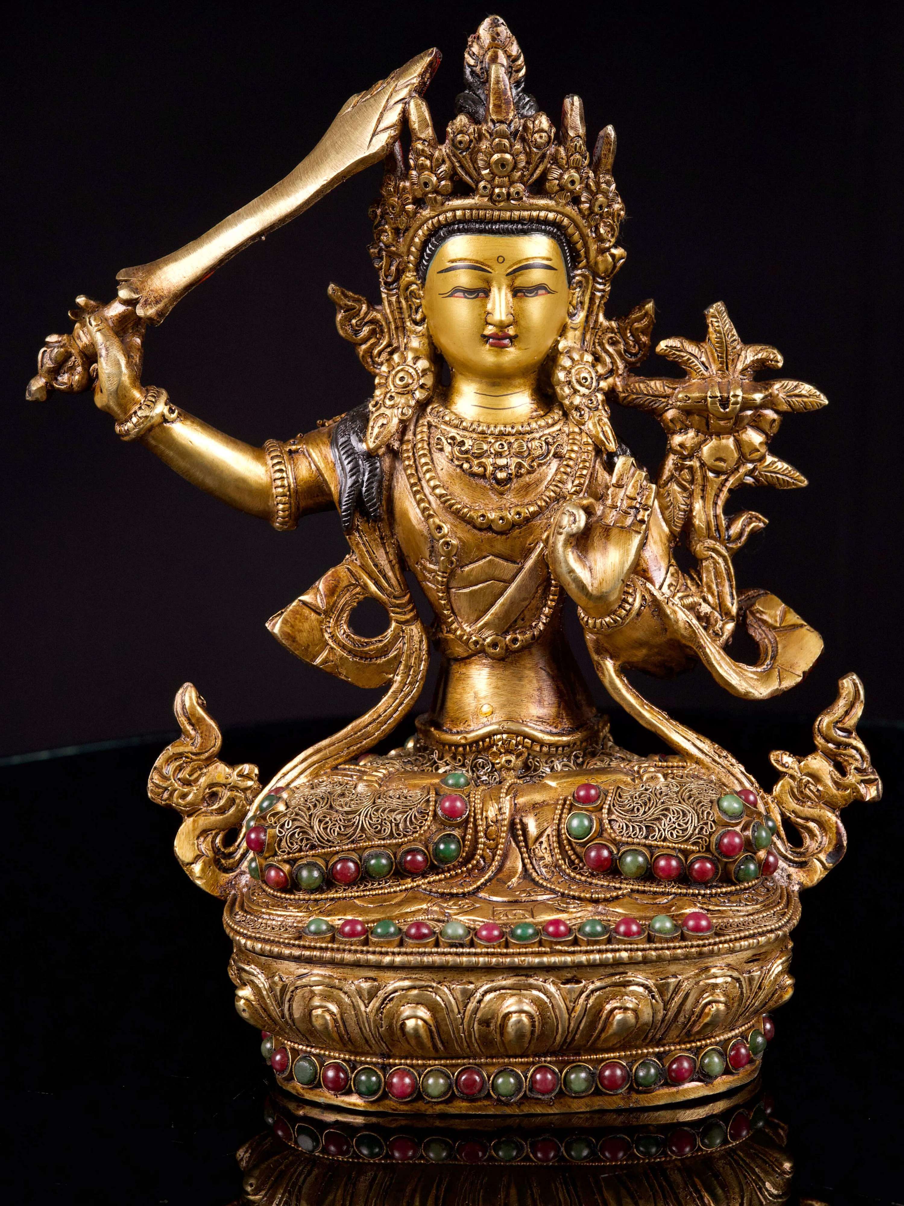 [manjushri] Buddhist Handmade Statue With [siku Design], [full Gold Plated],[stone Setting], [face Painted]