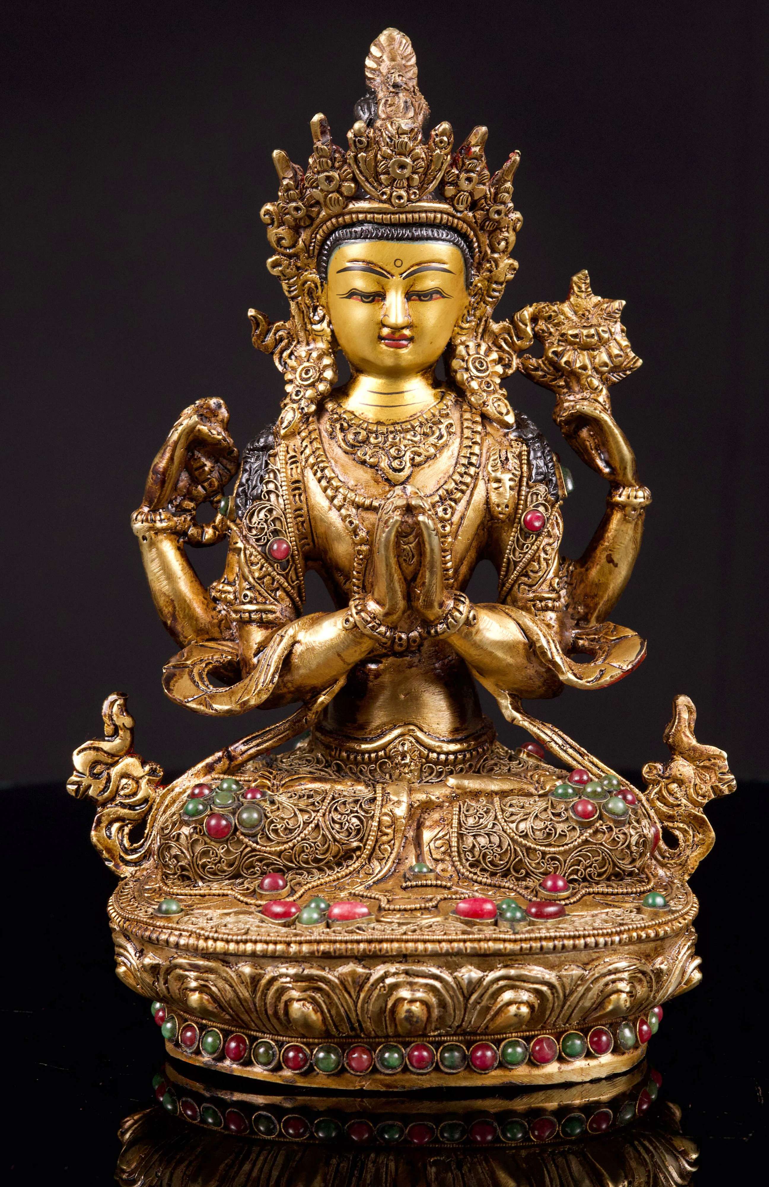 [chenrezig], Buddhist Handmade Statue With [siku Design], [full Gold Plated],[stone Setting], [face Painted]
