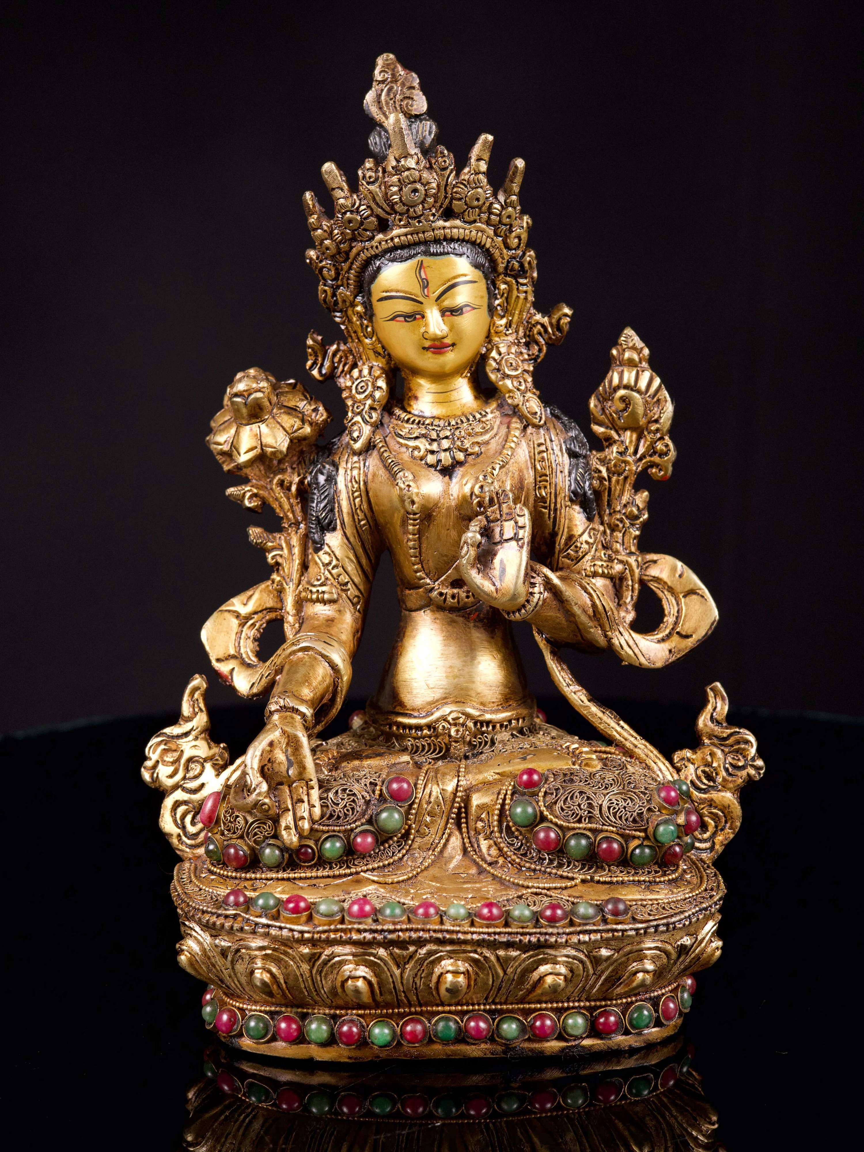 [white Tara], Buddhist Handmade Statue With [siku Design], [full Gold Plated],[stone Setting], [face Painted]