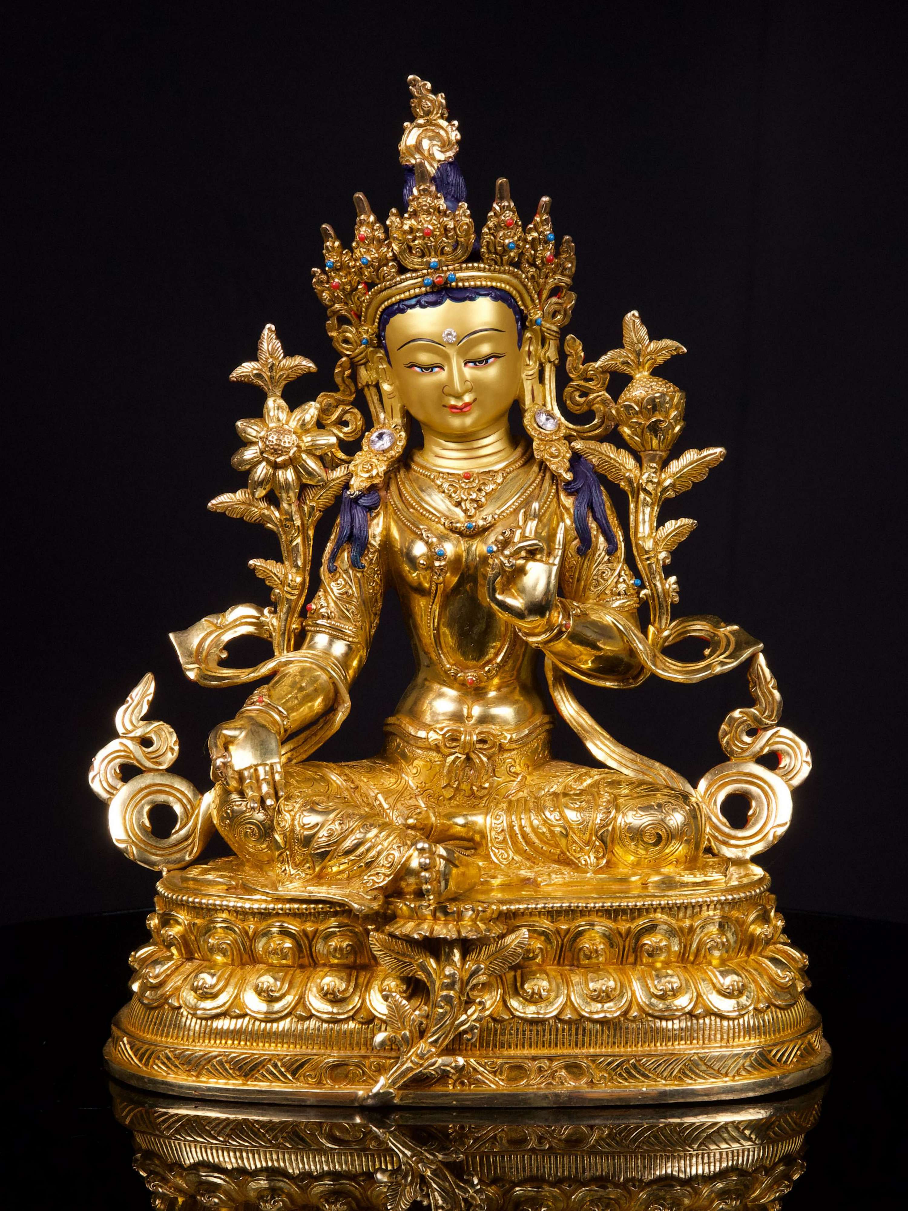 [green Tara], Buddhist Handmade Statue, [full Gold Plated],[stone Setting], [face Painted]