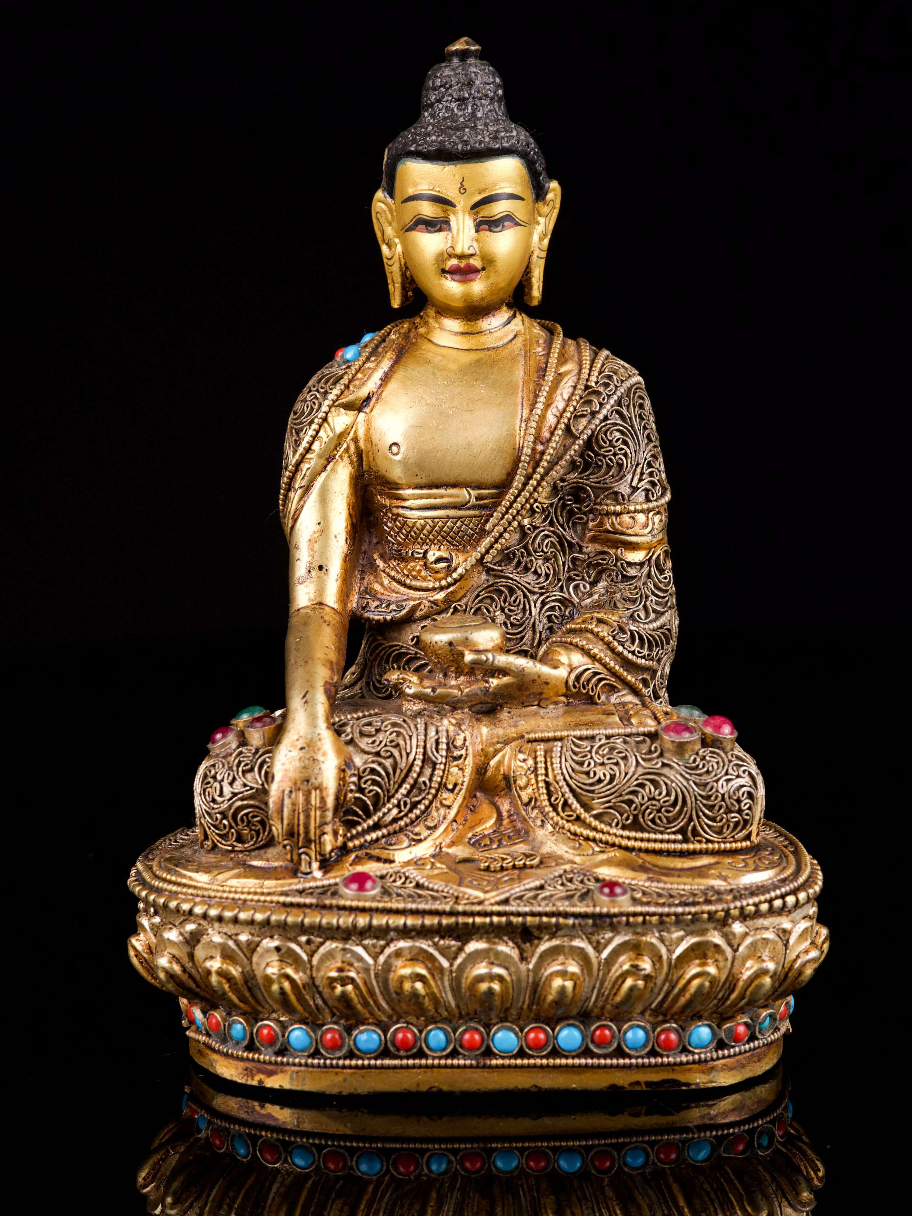 [shakyamuni Buddha], Buddhist Handmade Statue With [siku Design], [full Gold Plated],[stone Setting], [face Painted]