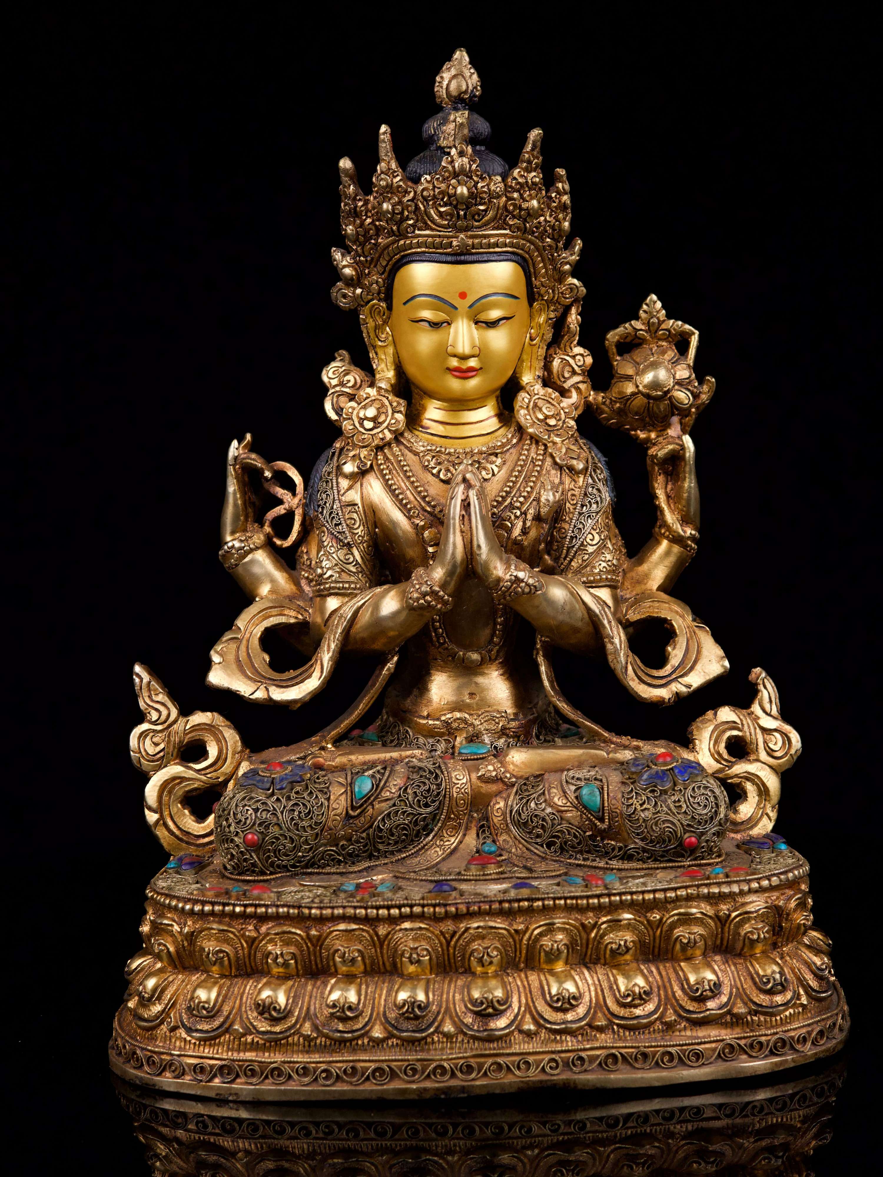 [chenrezig], Buddhist Handmade Statue With [siku Design], [full Gold Plated],[stone Setting], [face Painted]