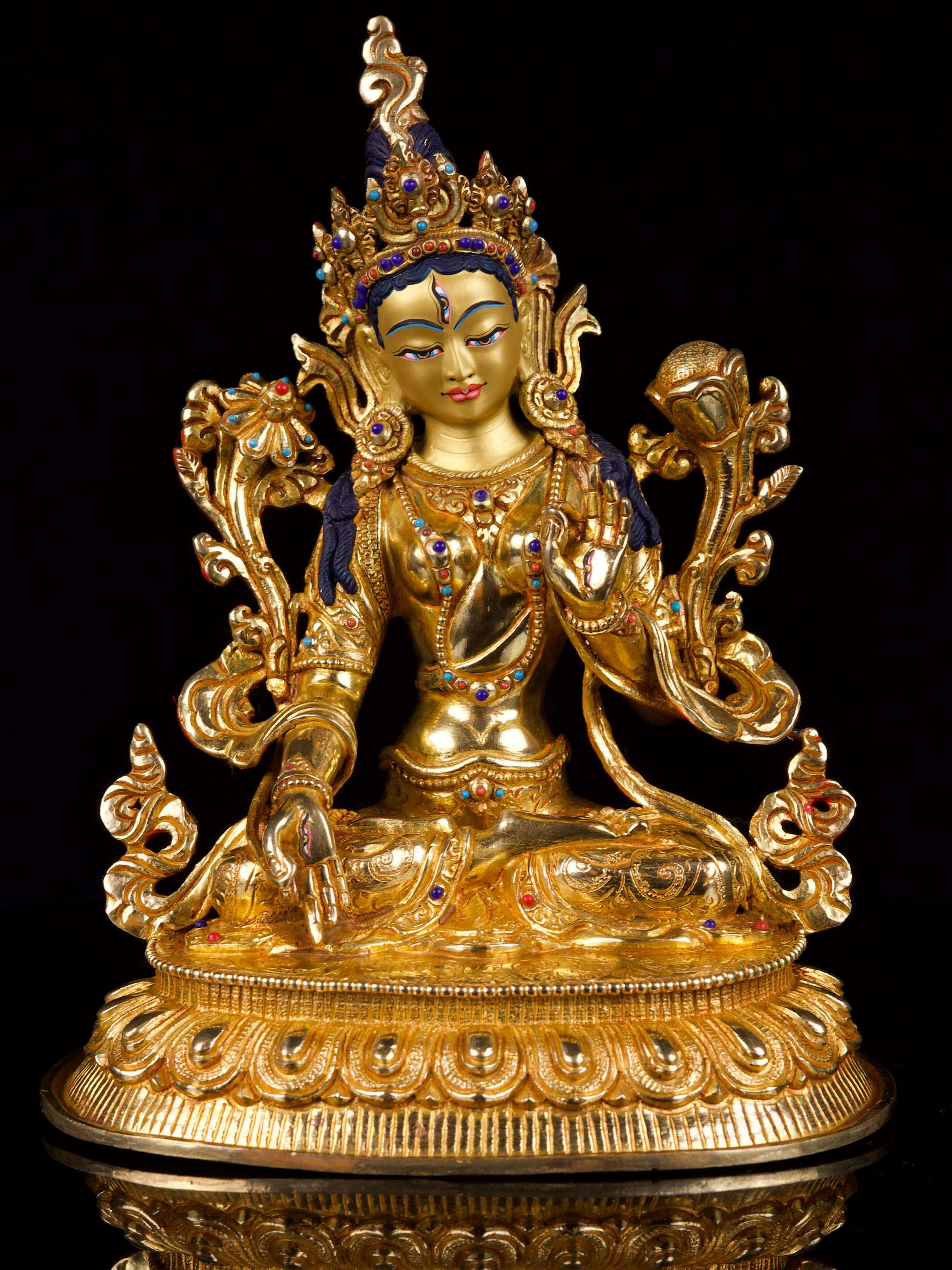 [white Tara],buddhist Handmade Statue, [full Gold Plated],[stone Setting], [face Painted]