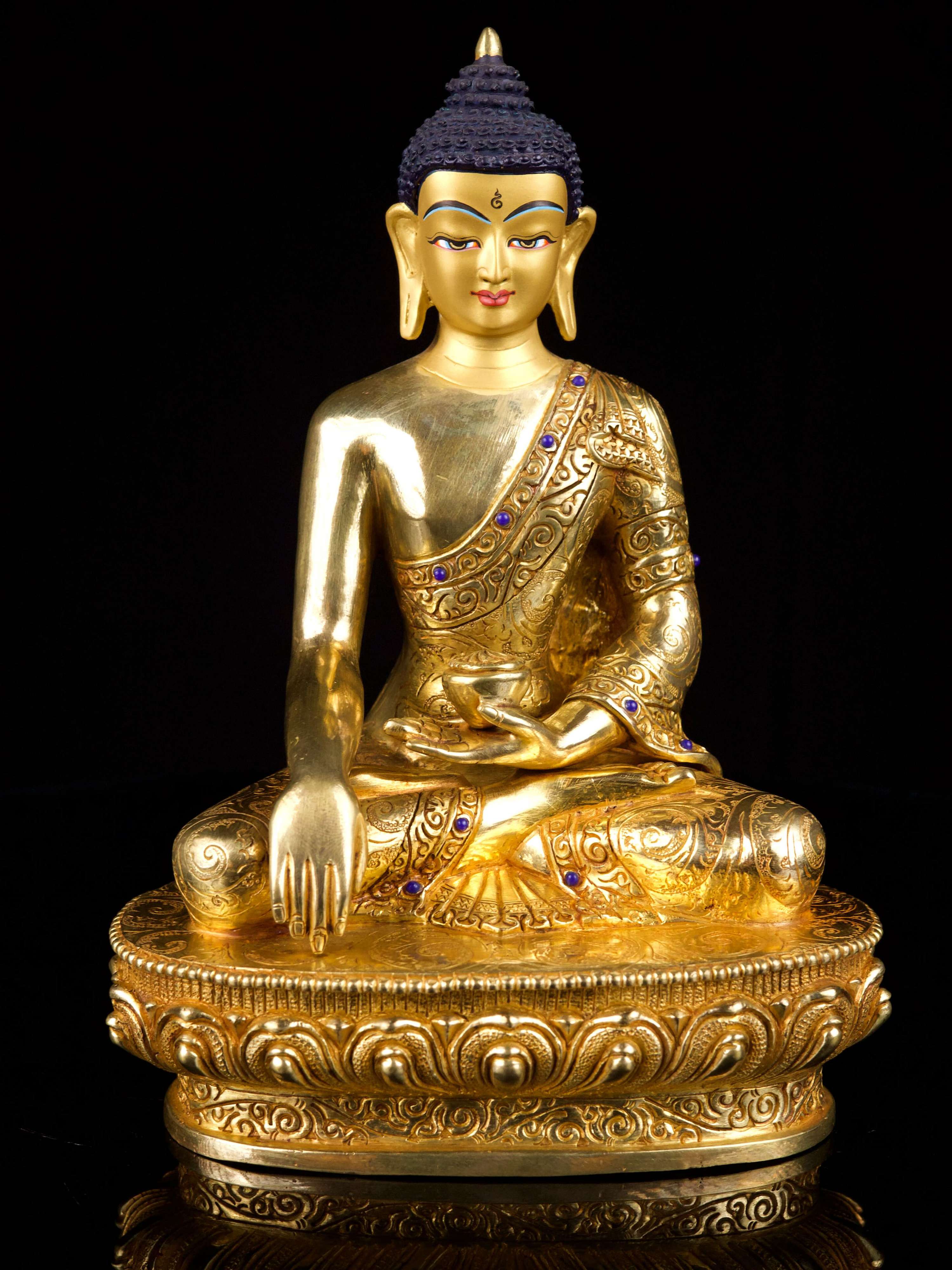 [shakyamuni Buddha], Buddhist Handmade Statue, [full Gold Plated],[stone Setting], [face Painted]