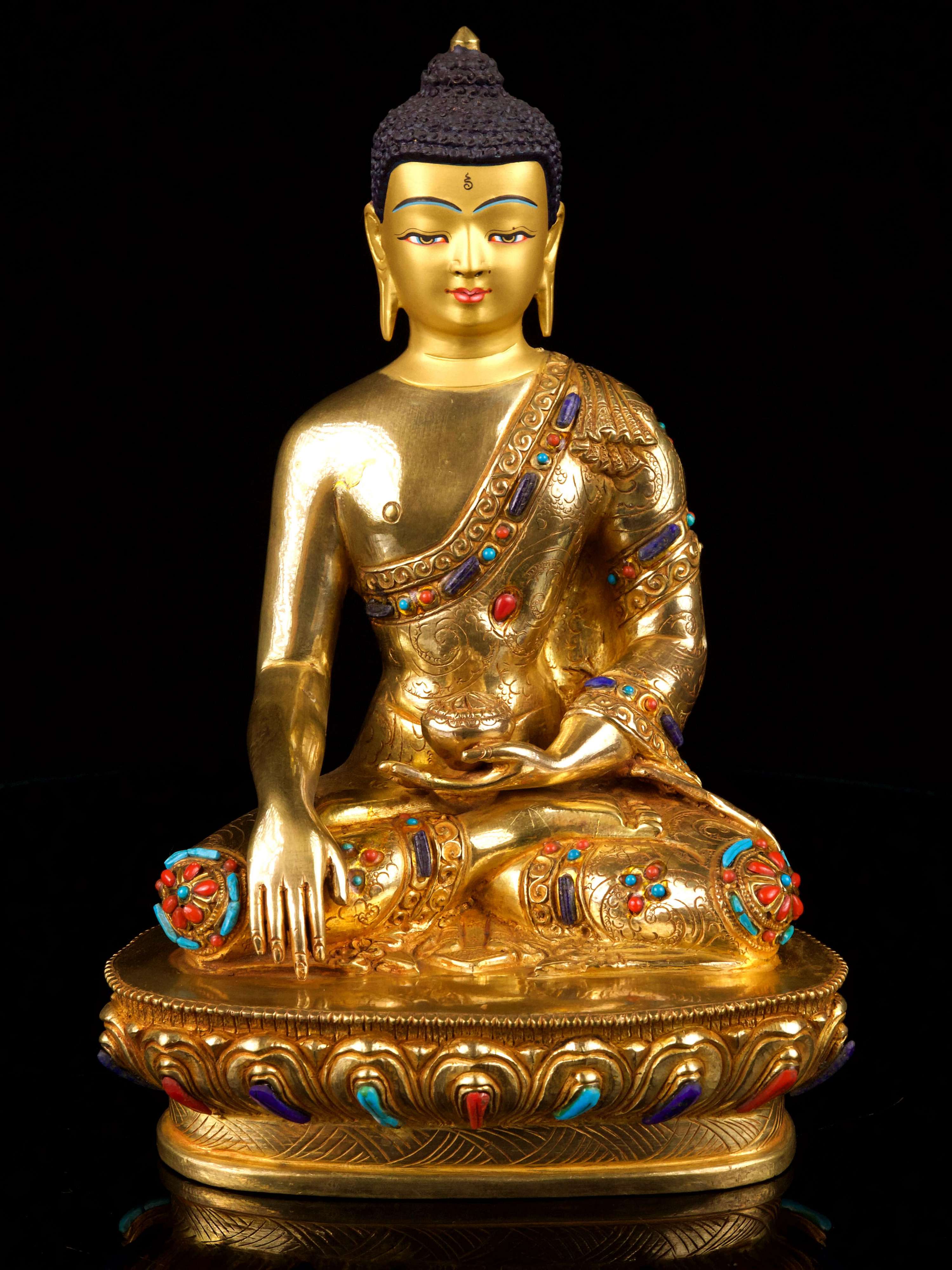 [shakyamuni Buddha], Buddhist Handmade Statue, [full Gold Plated],[stone Setting], [face Painted]