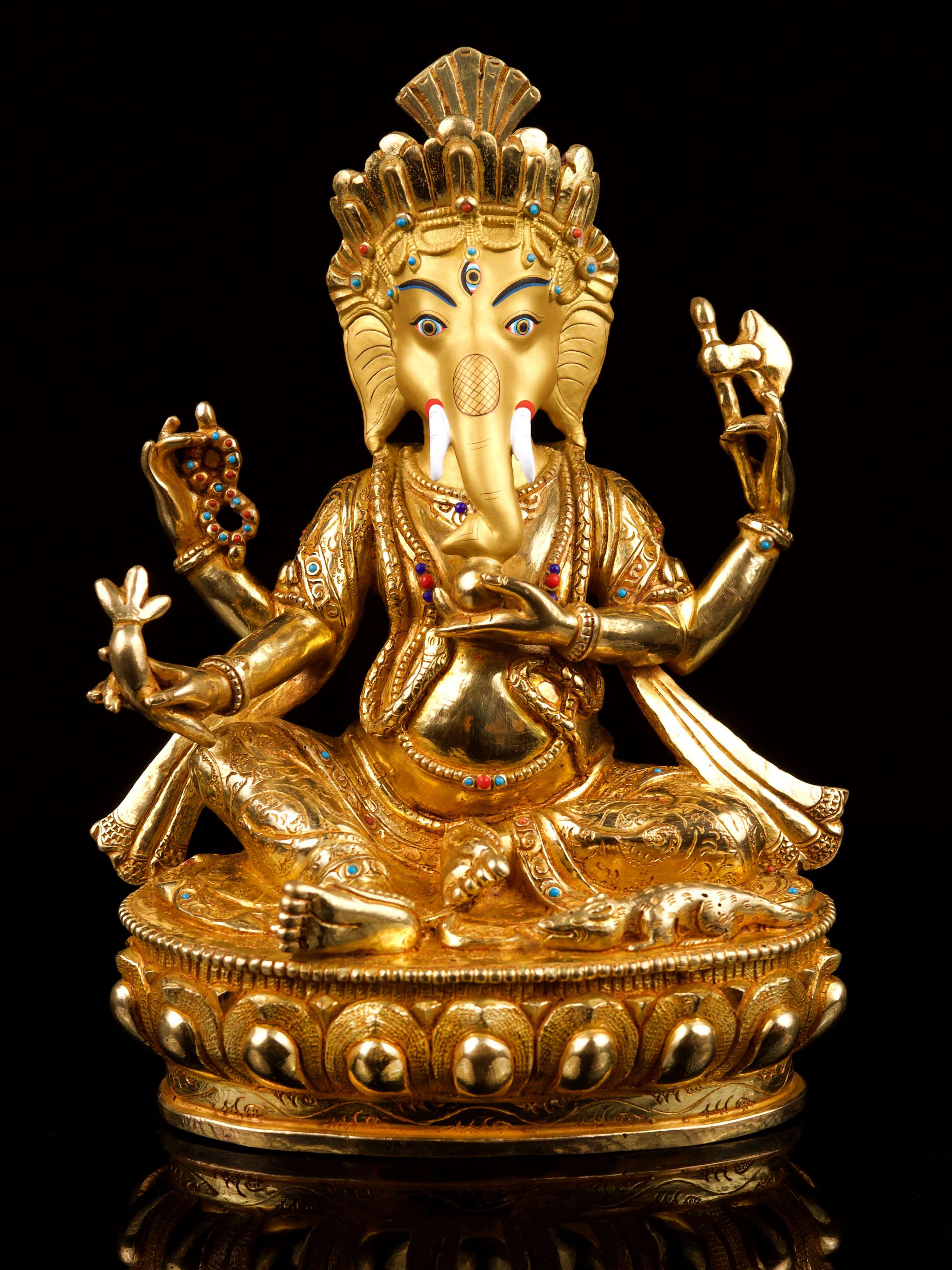 [4 Arm Ganesh], Buddhist Handmade Statue, [full Gold Plated],[stone Setting], [face Painted]