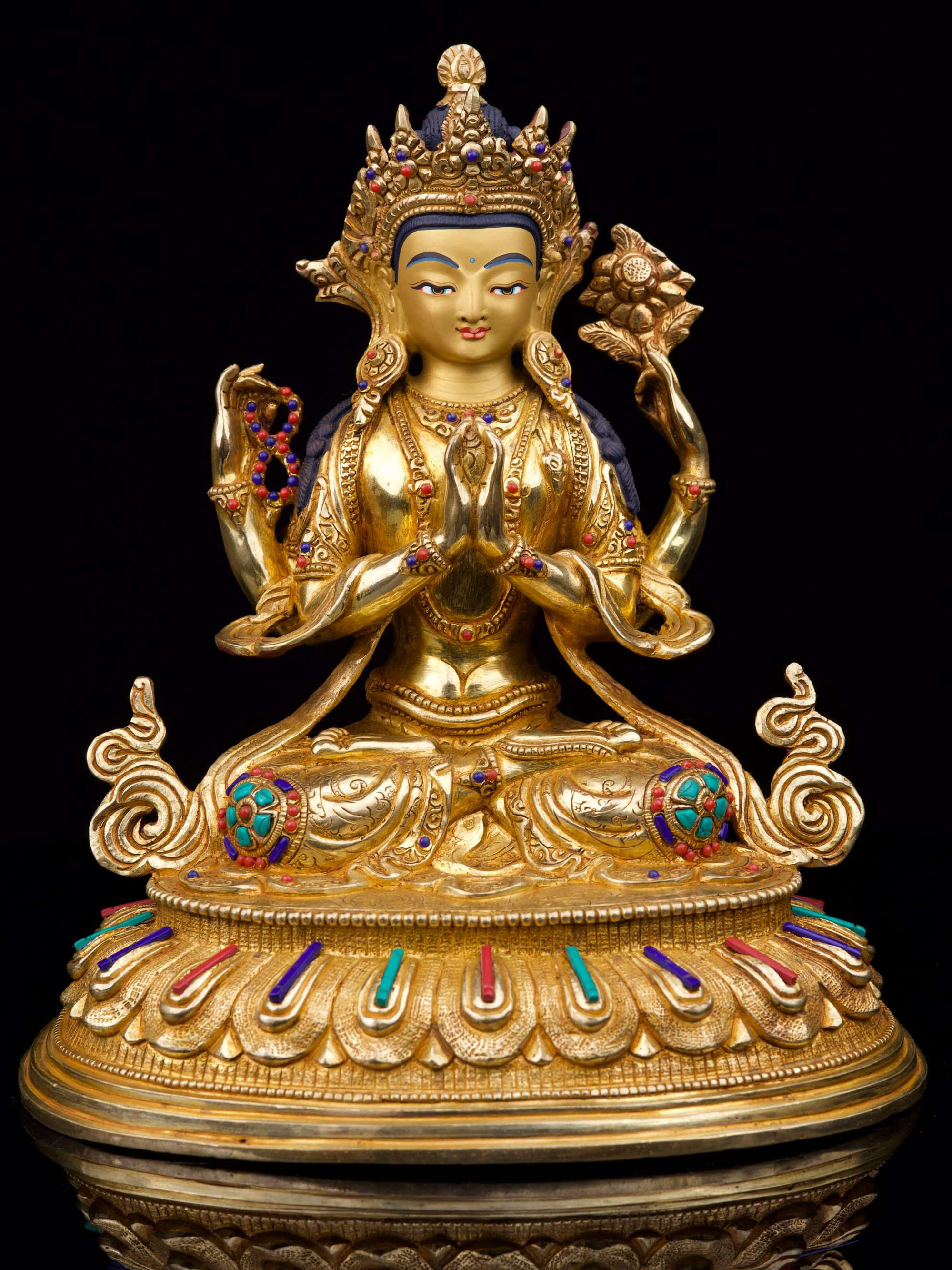 [chenrezig], Buddhist Handmade Statue, [full Gold Plated],[stone Setting], [face Painted]