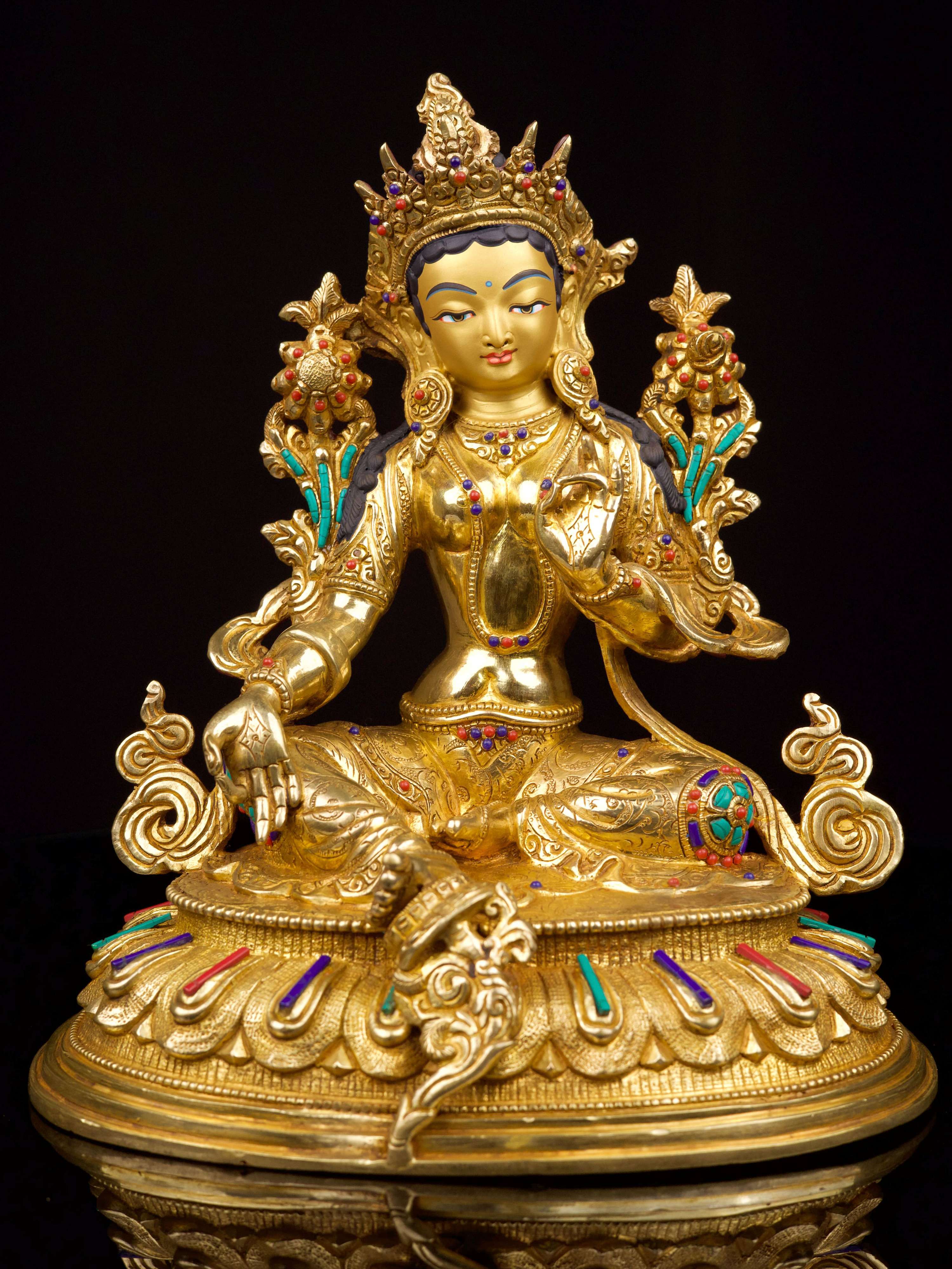 [green Tara], Buddhist Handmade Statue, [full Gold Plated],[stone Setting], [face Painted]
