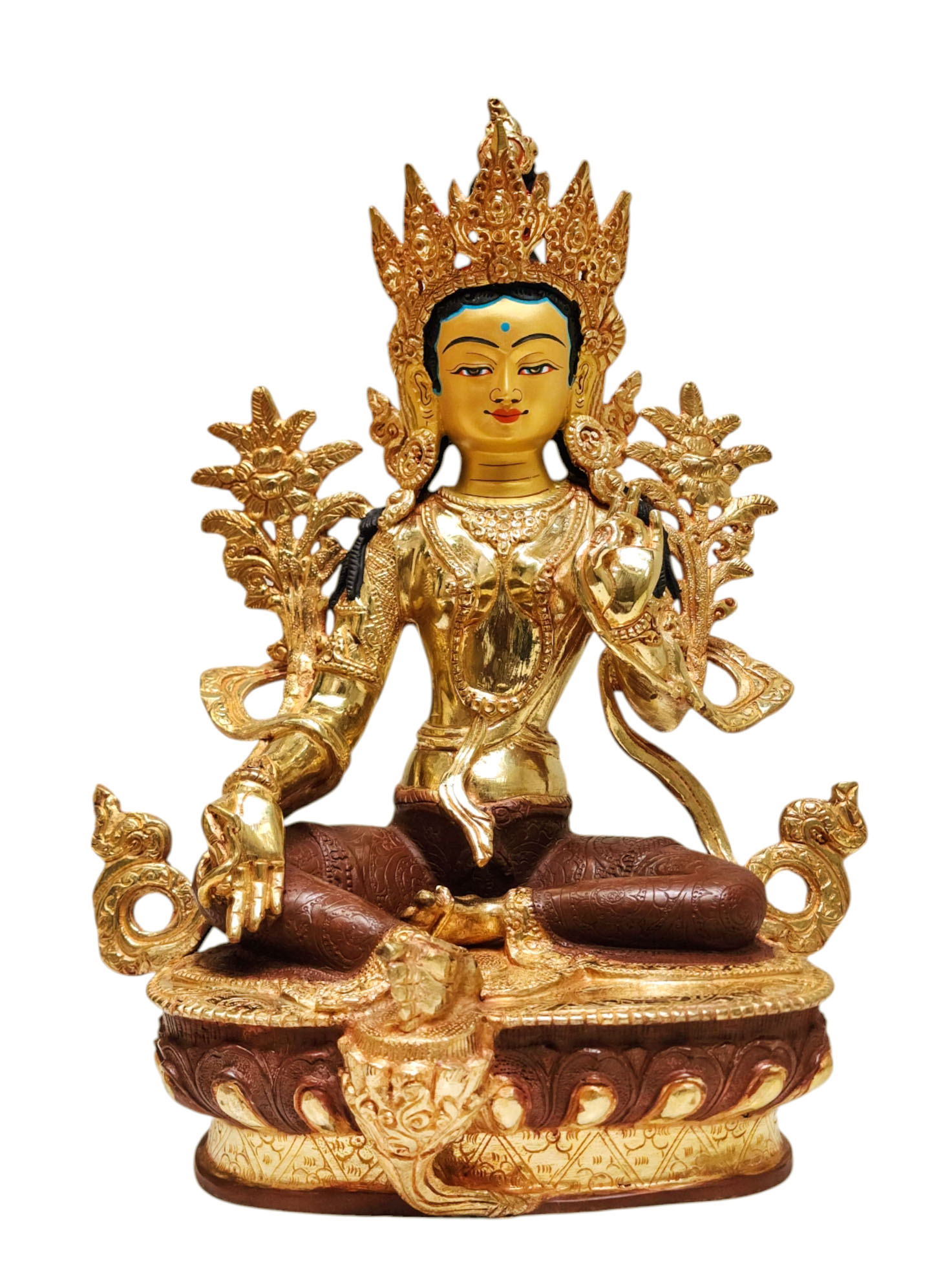 [green Tara] Buddhist Handmade Statue, [partly Gold Plated], [face Painted]