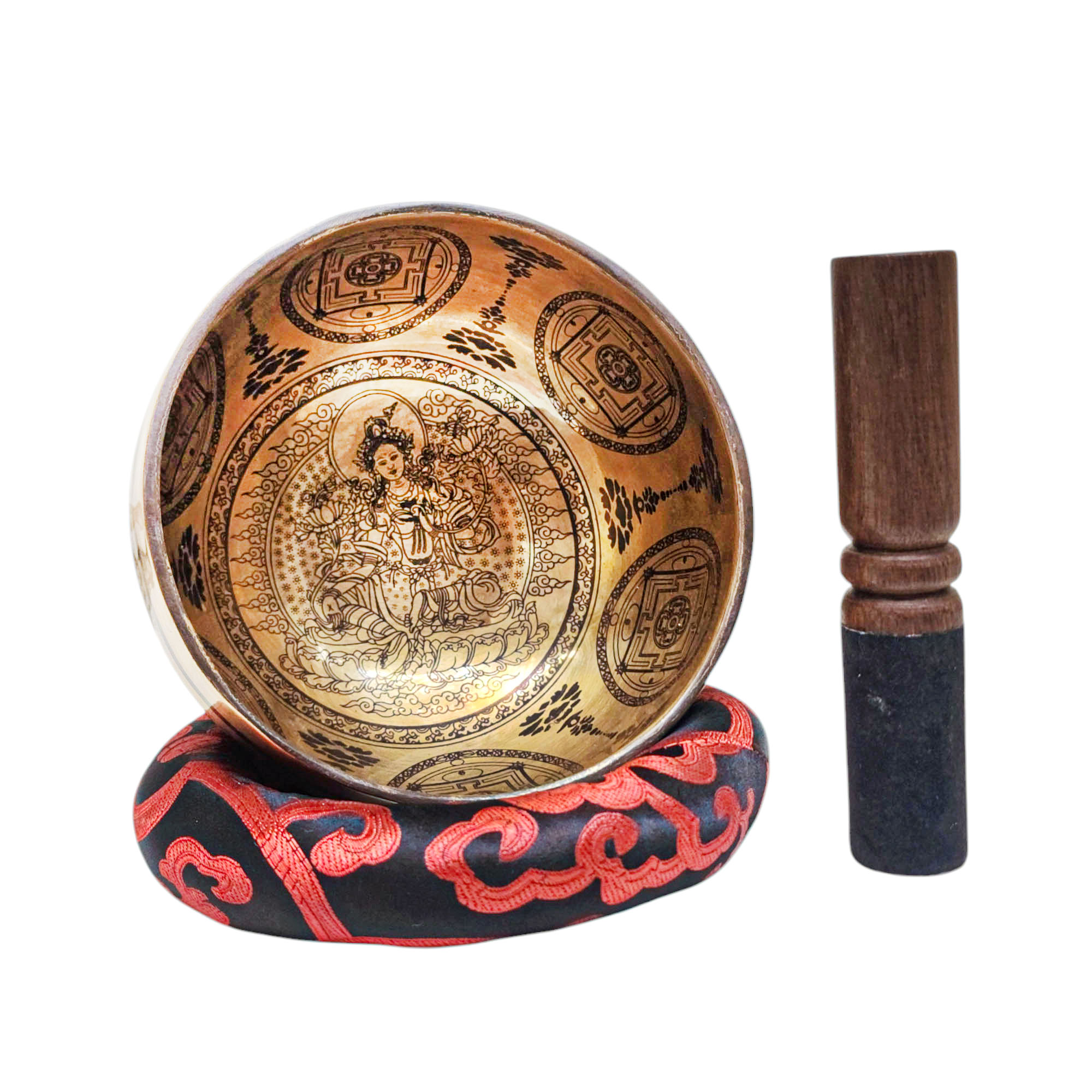 Singing Bowl, Buddhist Hand Beaten, With [green Tara] Carved Inside, [select Accessories]