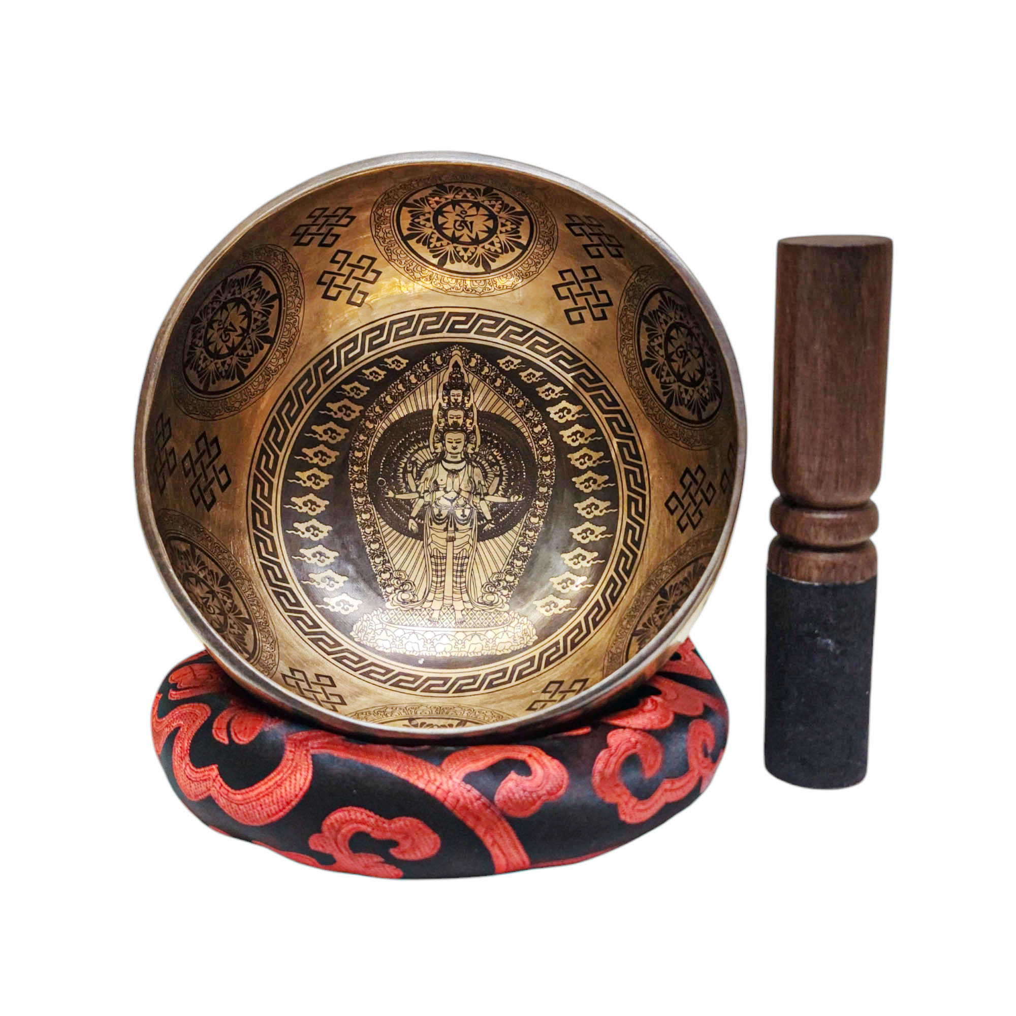 Singing Bowl, Buddhist Hand Beaten, With [avalokiteshvara] Carved Inside, [select Accessories]