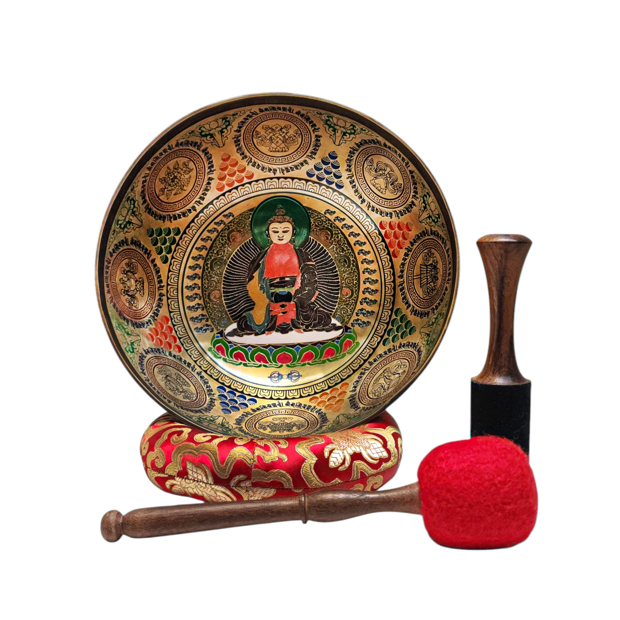 Singing Bowl, Buddhist Hand Beaten, With Fine Etching Carving, [amitabh Buddha], Thangka Color Painted, [select Accessories