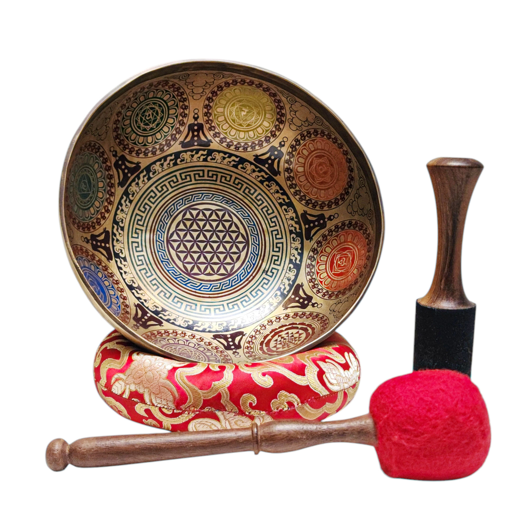 Singing Bowl, Buddhist Hand Beaten, With Fine Etching Carving, [mandala], Thangka Color Painted, [select Accessories