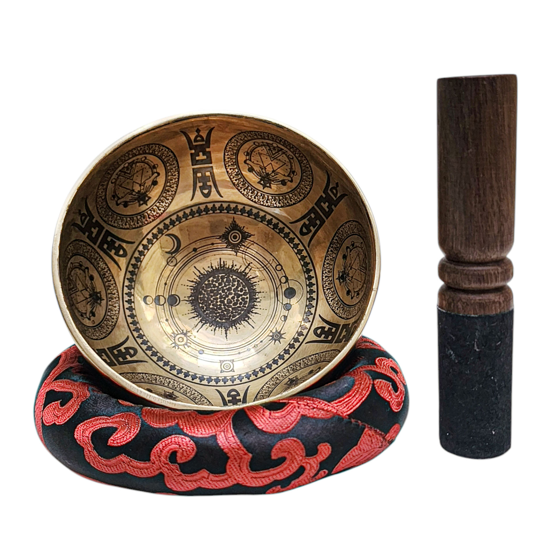 Singing Bowl, Buddhist Hand Beaten, With [solar System] Carved Inside, [select Accessories]