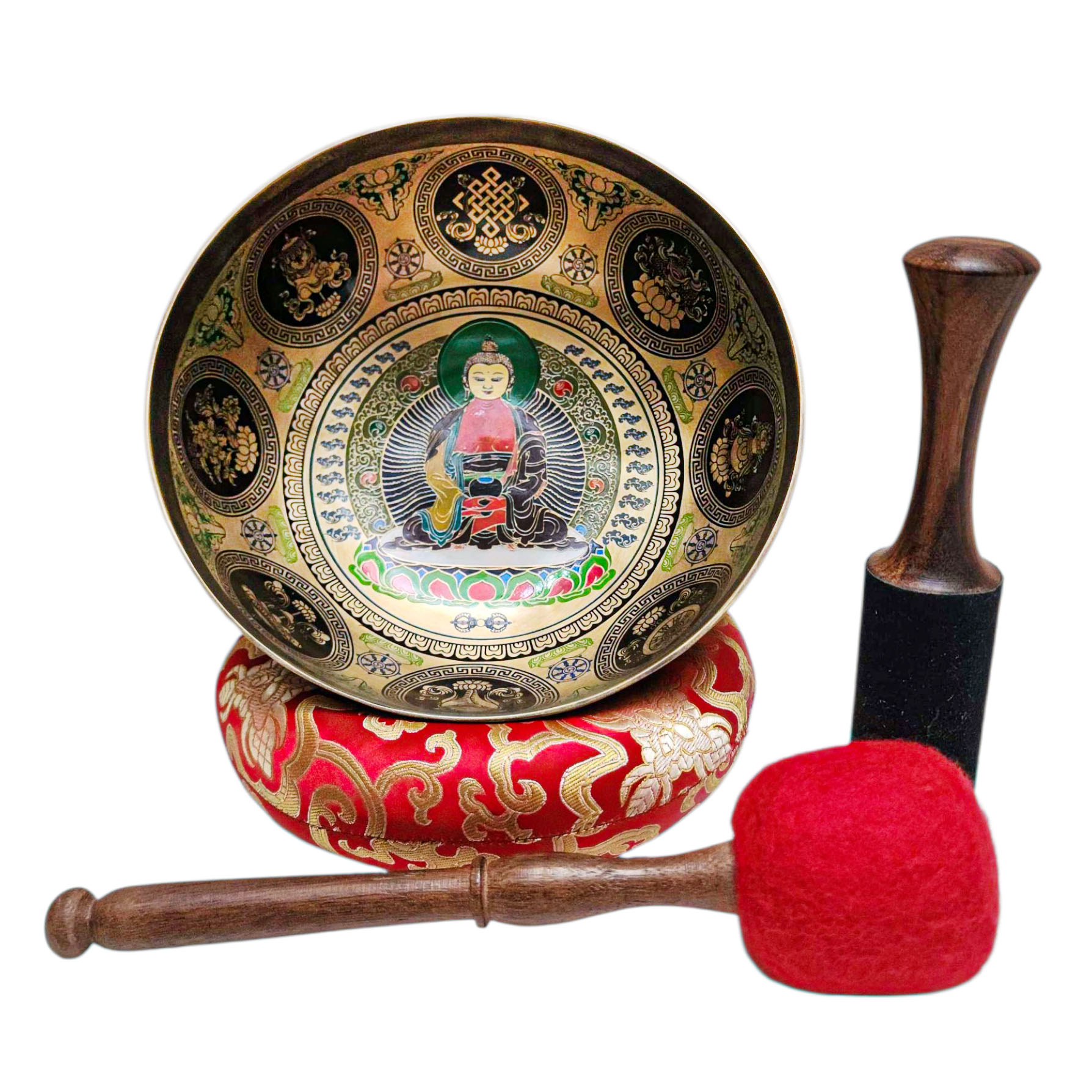 Singing Bowl, Buddhist Hand Beaten, With Fine Etching Carving, [buddha], Thangka Color Painted, [select Accessories