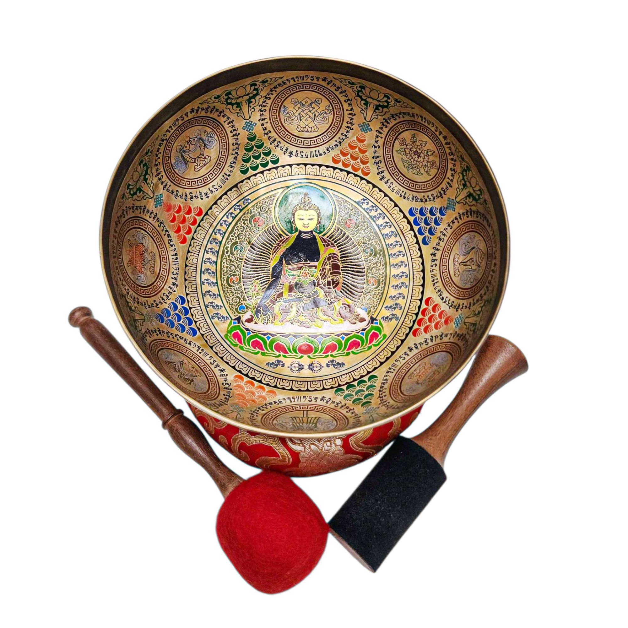 Singing Bowl, Buddhist Hand Beaten, With Fine Etching Carving, [buddha], Thangka Color Painted, [select Accessories