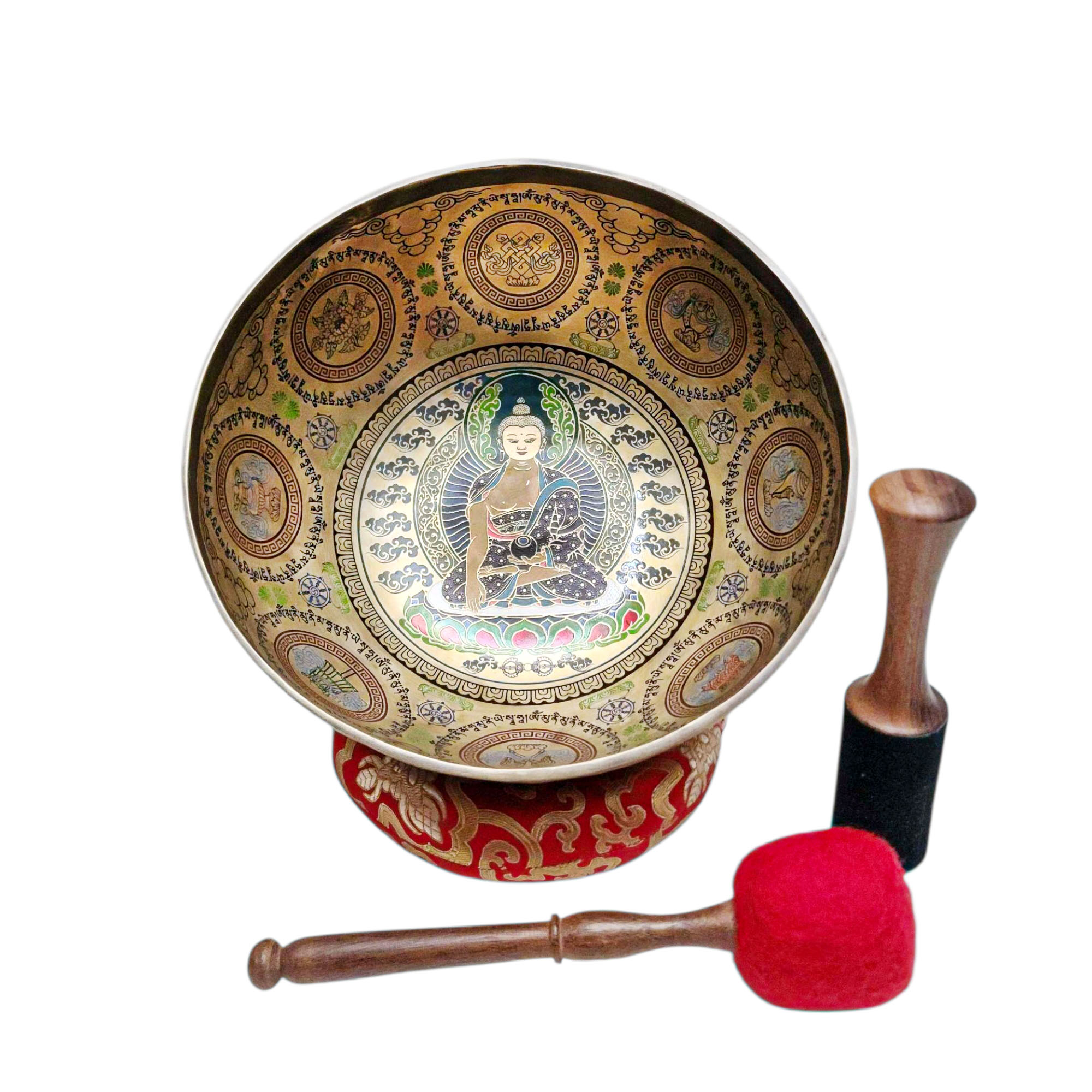 Singing Bowl, Buddhist Hand Beaten, With Fine Etching Carving, [buddha], Thangka Color Painted, [select Accessories