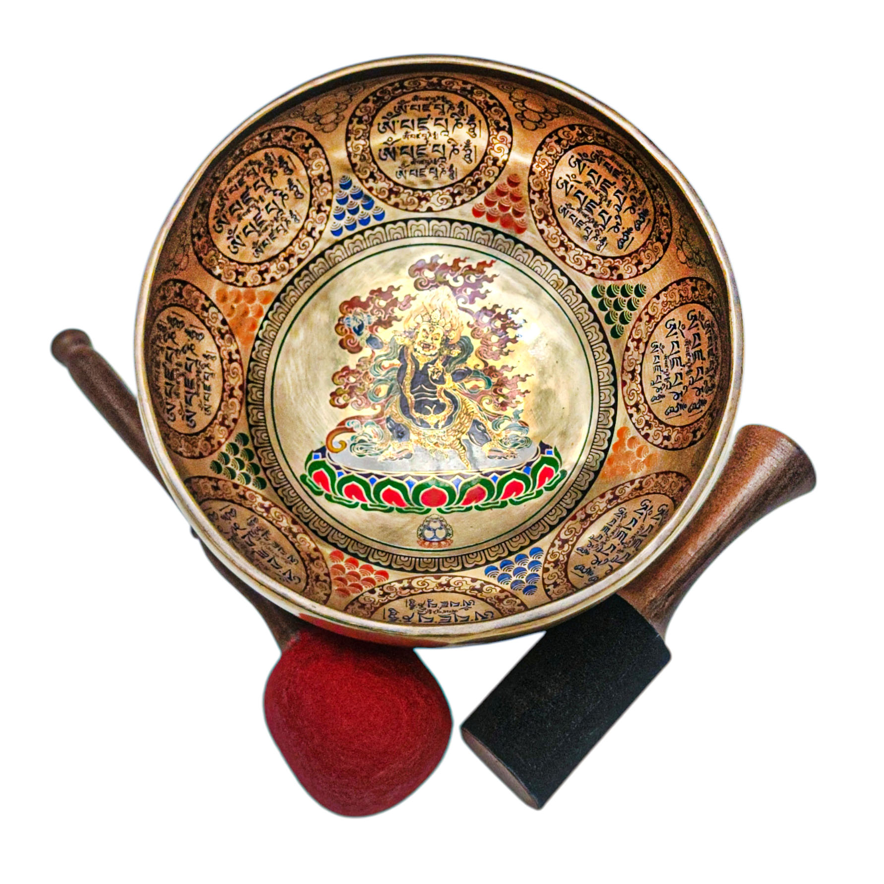 Singing Bowl, Buddhist Hand Beaten, With Fine Etching Carving, [bhajrapani], Thangka Color Painted, [select Accessories