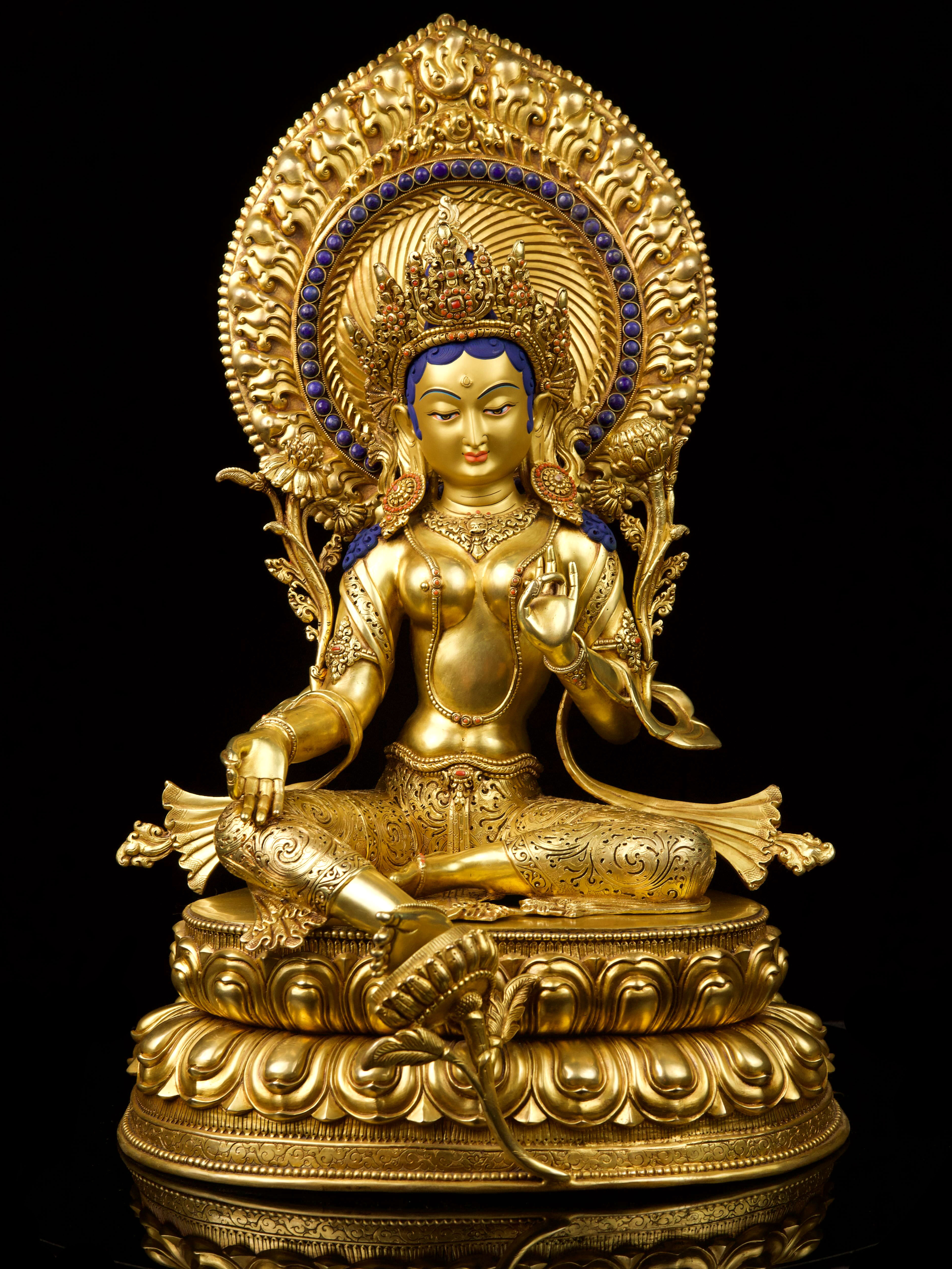 [green Tara] With Double Base, Buddhist Handmade Statue, [full Gold Plated], [face Painted]