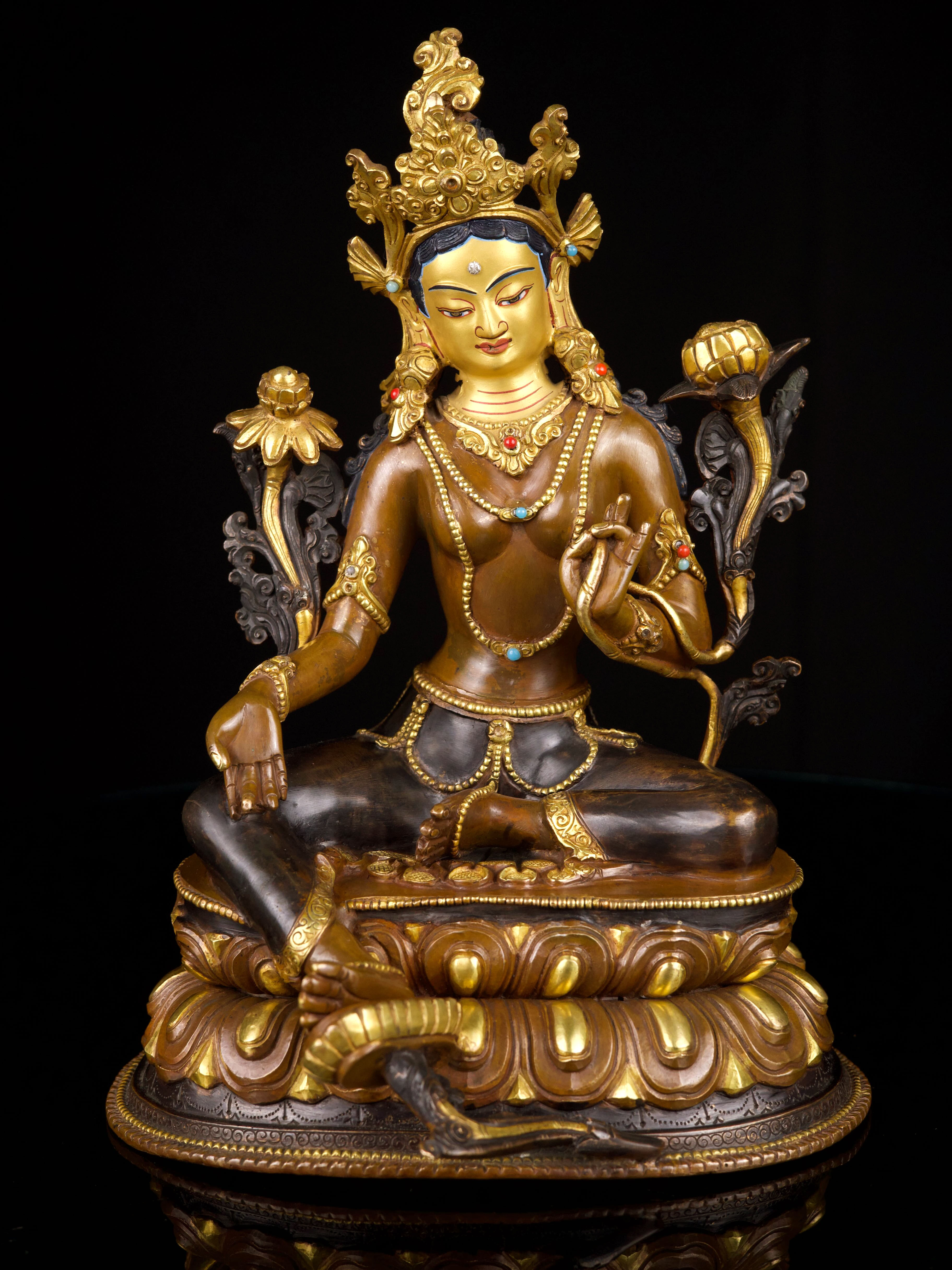 [green Tara], Buddhist Handmade Statue, [partly Gold Plated], [face Painted]