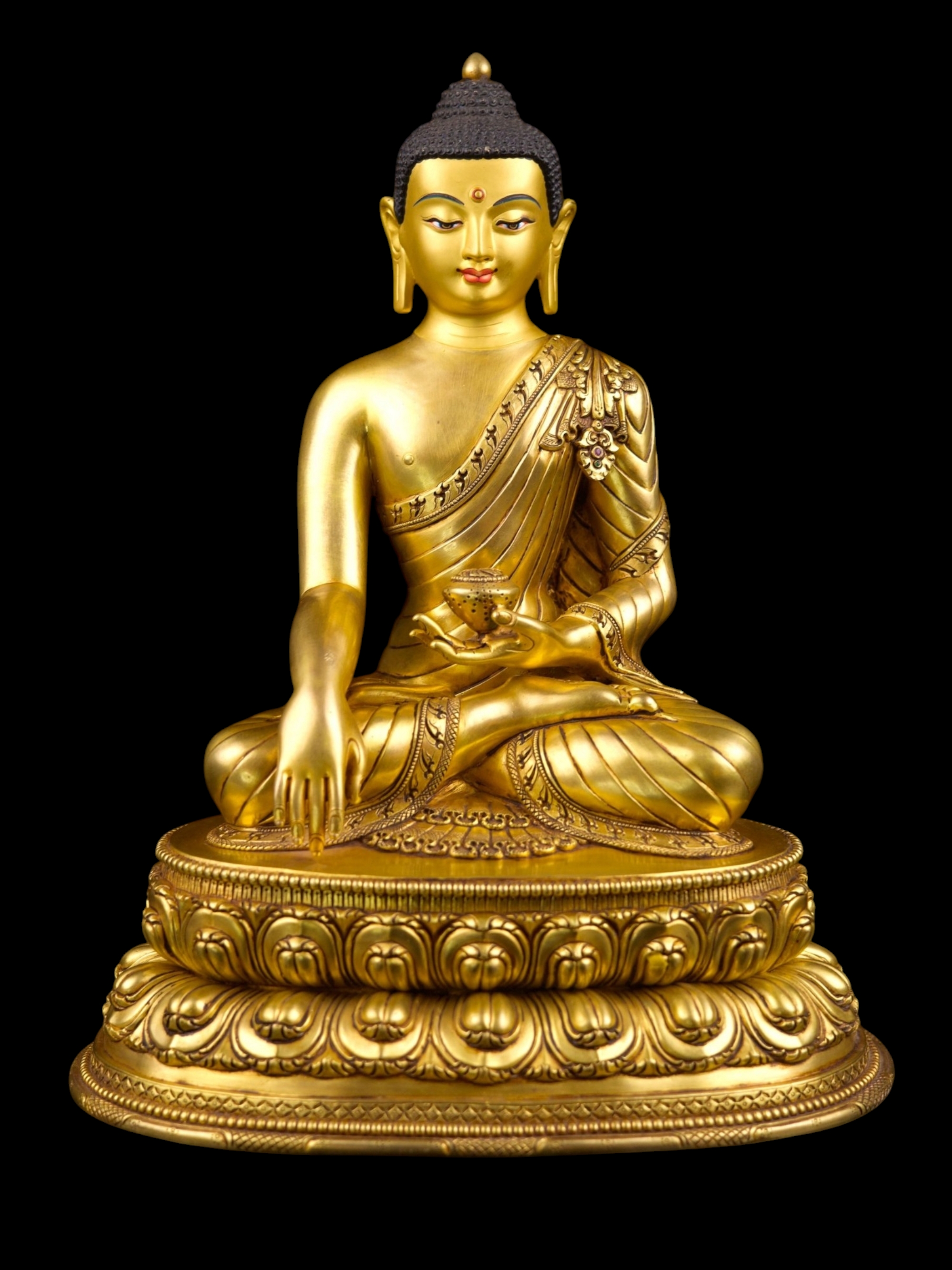[shakyamuni Buddha] Buddhist Handmade Statue With Double Base, [full Gold Plated], [face Painted]