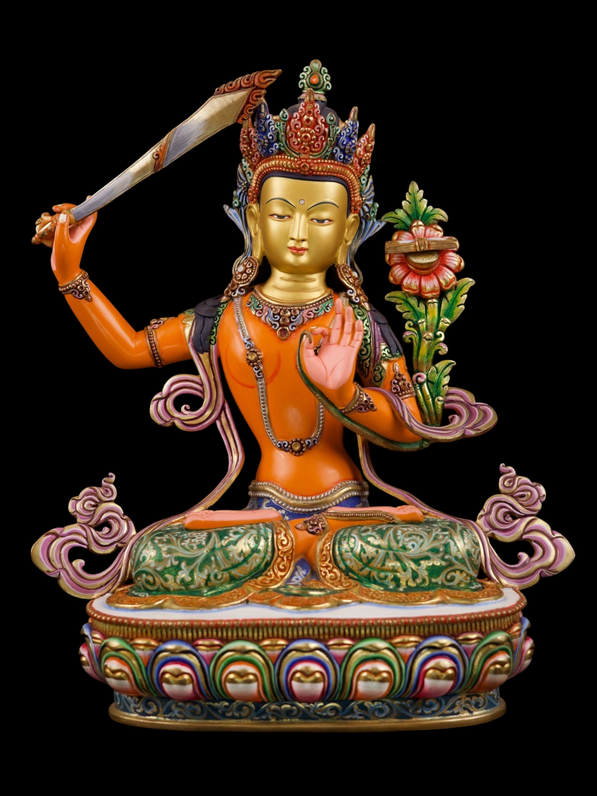 [manjushri] Buddhist Handmade Statue, [partly Gold Plated], [stone Setting, Face Painted] And [traditional Color Finishing]