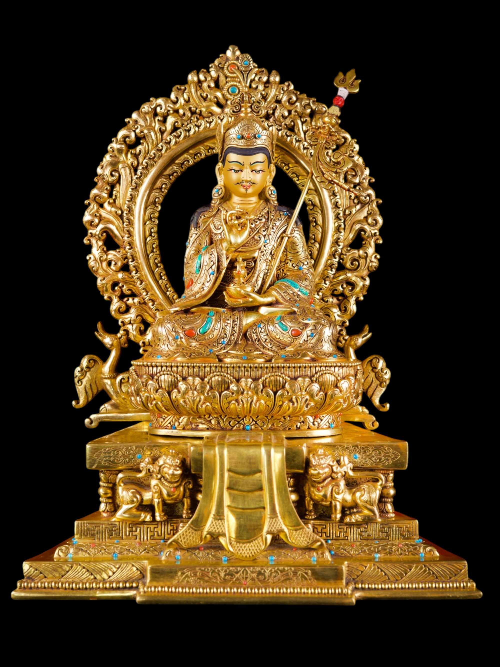 [padmasambhava] Or [guru Rinpochen] Buddhist Handmade Statue, [full Gold Plated],[stone Setting], [face Painted]