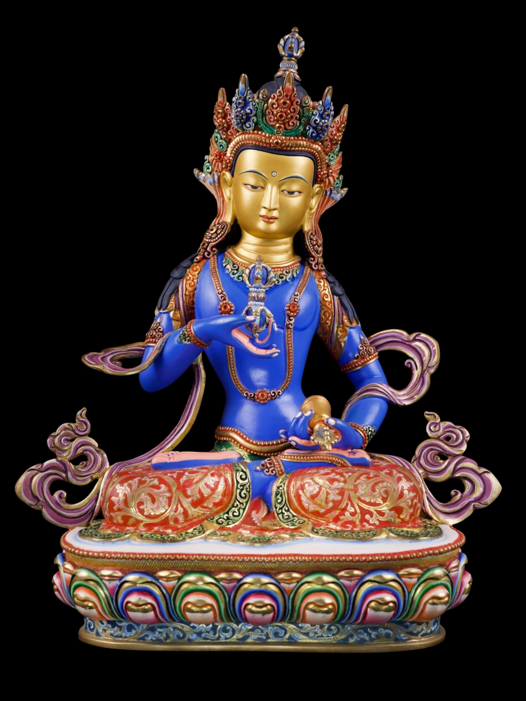 [vajrasattva] Buddhist Handmade Statue, [partly Gold Plated], [stone Setting, Face Painted] And [traditional Color Finishing]
