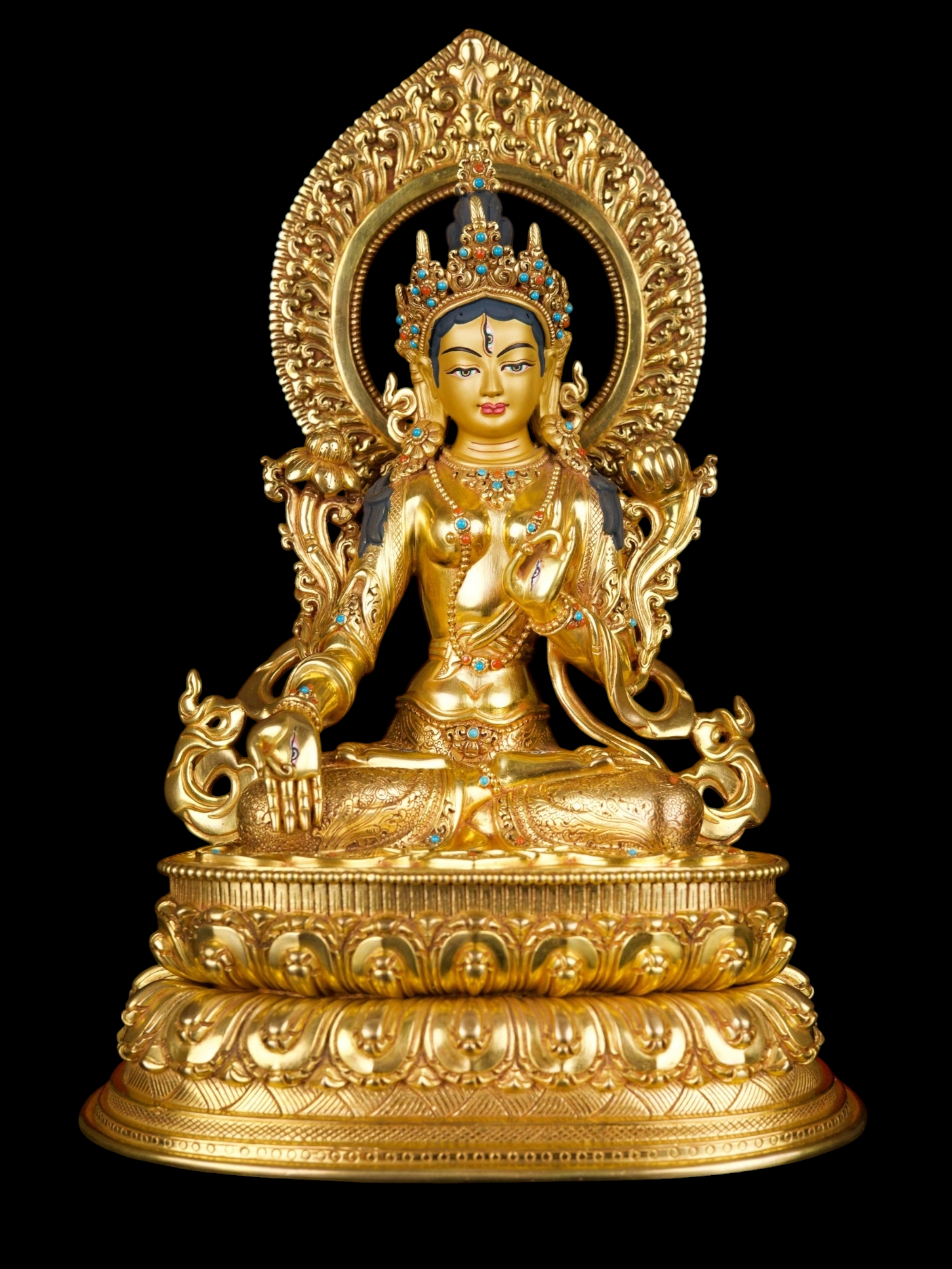 [white Tara] Buddhist Handmade Statue With Double Base, [full Gold Plated],[stone Setting], [face Painted]