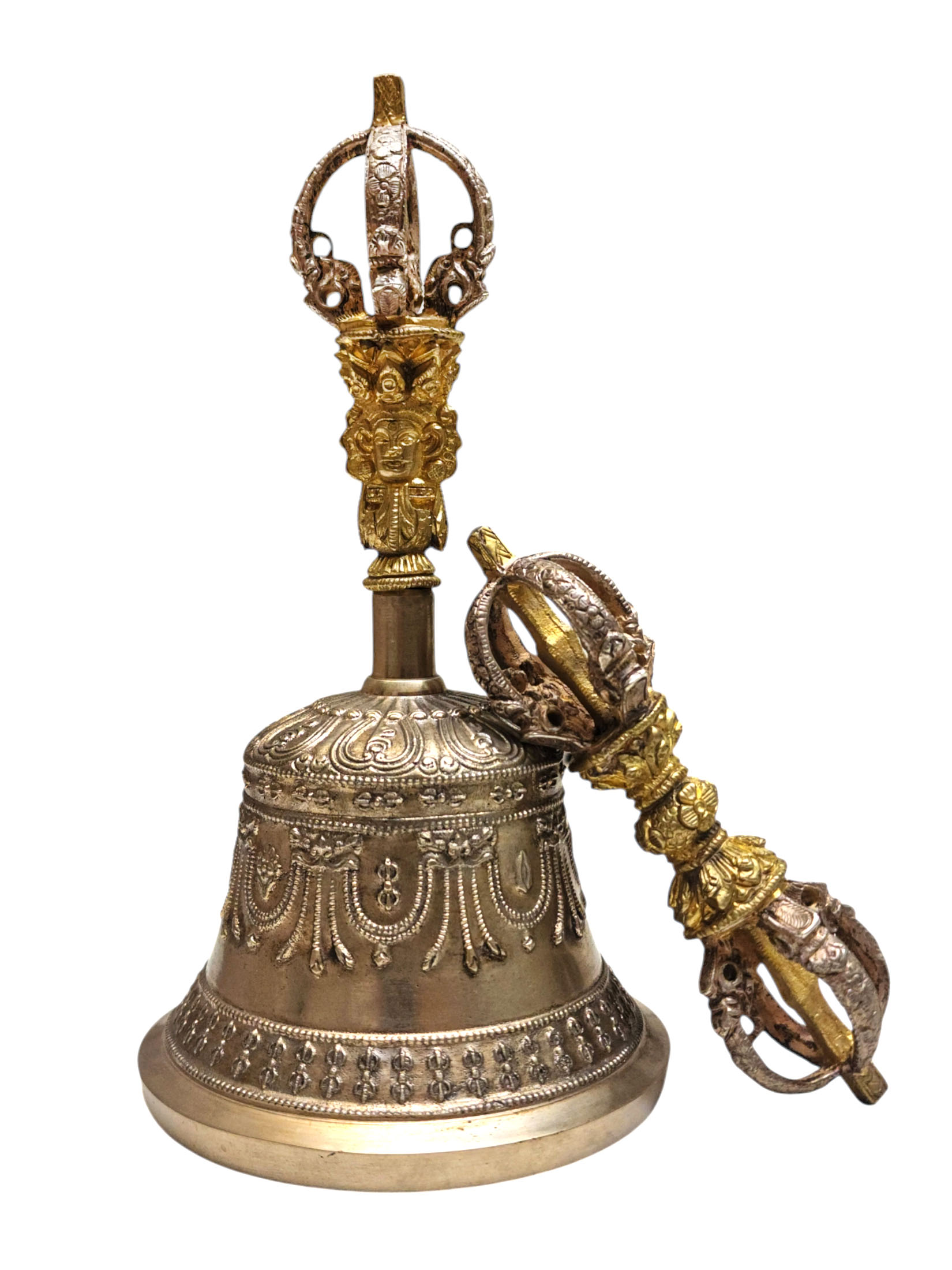 [bell And Dorje} Pure Bronze Bell And Dorje [vajra], Golden & Silver Plated Handle And Vajra