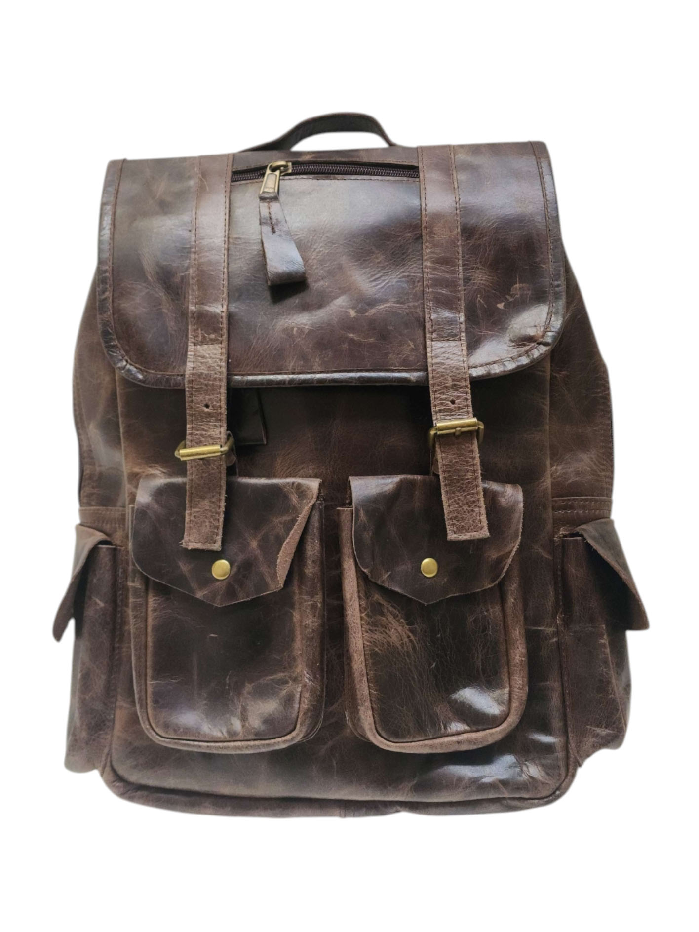 Himalayan Yak Leather [back Pack Bag], [2 Zip] And [pocket] With [ Leather Stripe Lock]