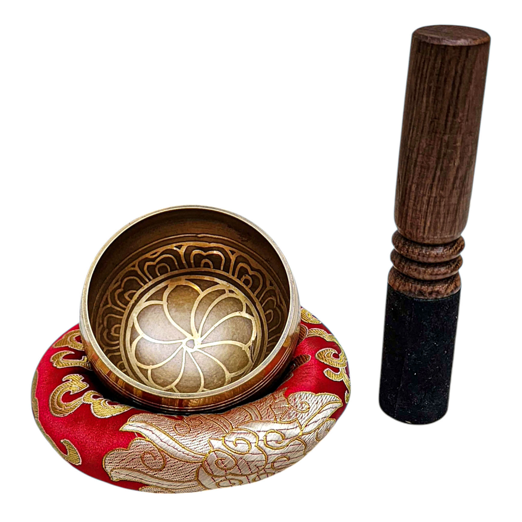 Buddhist Machine Made Singing Bowl, [flower] Carved Inside, [select Accessories]