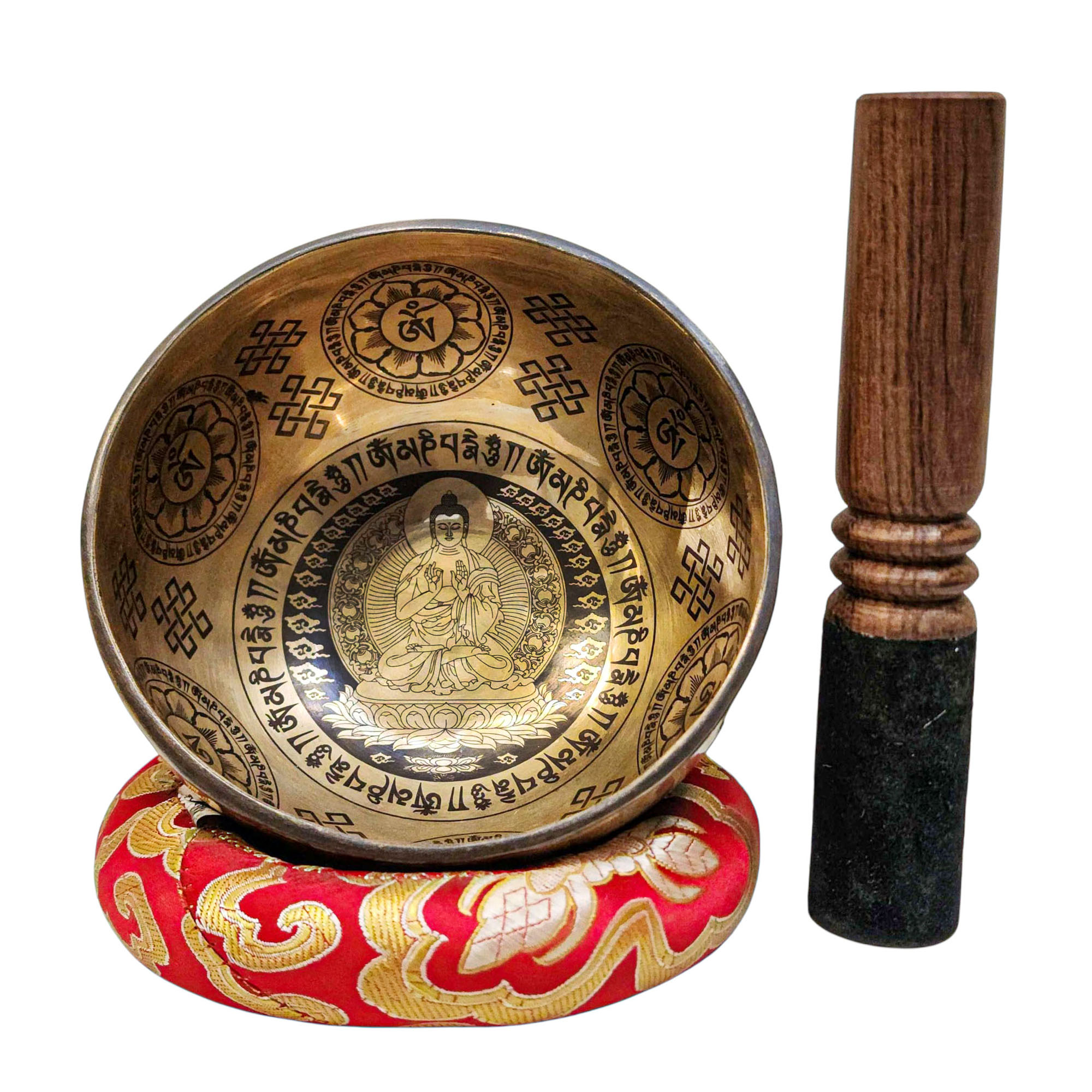 Singing Bowl, Buddhist Hand Beaten, With Fine Etching Carving, [amoghasiddhi Buddha], [select Accessories]