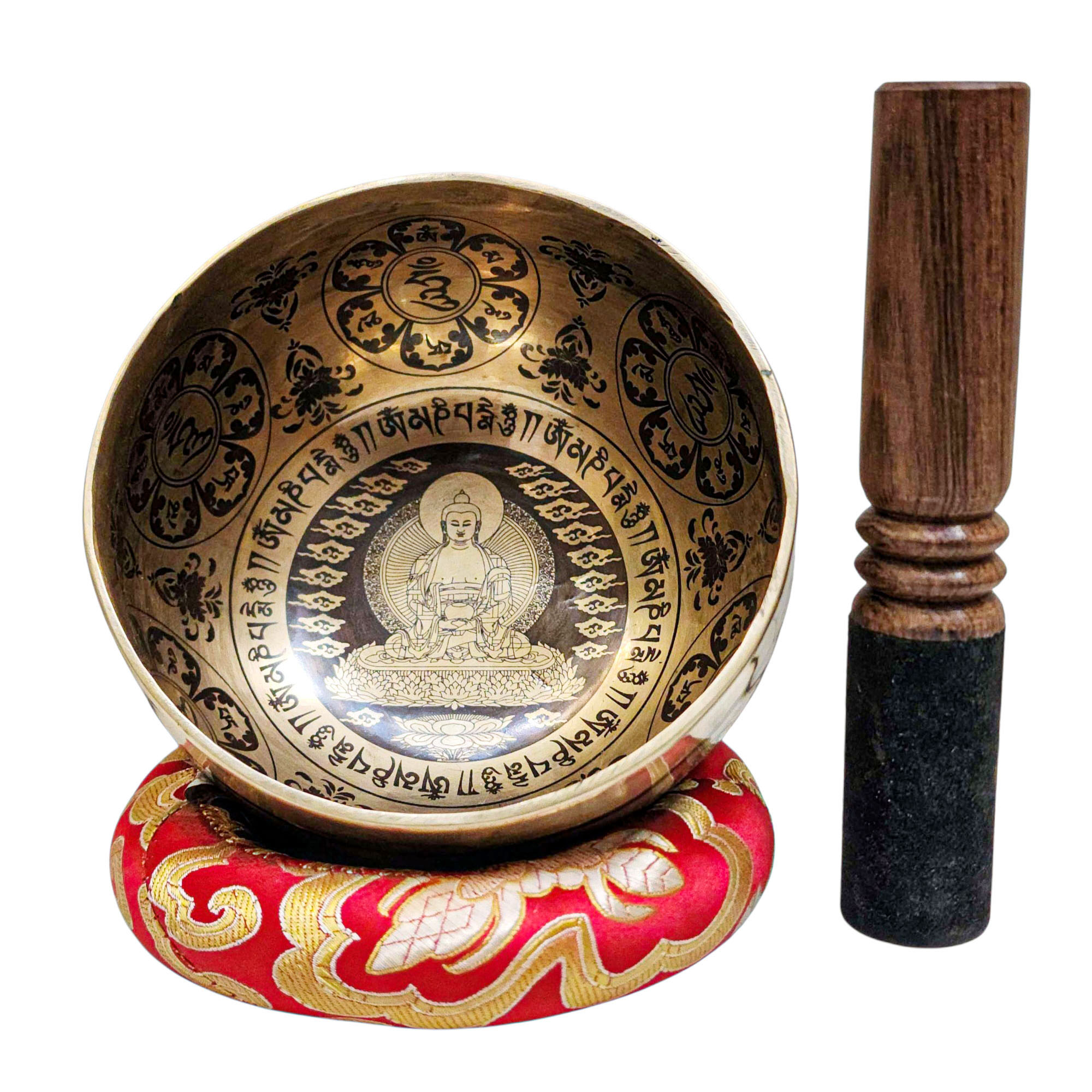 Singing Bowl, Buddhist Hand Beaten, With Fine Etching Carving, [amitabha Buddha], [select Accessories]