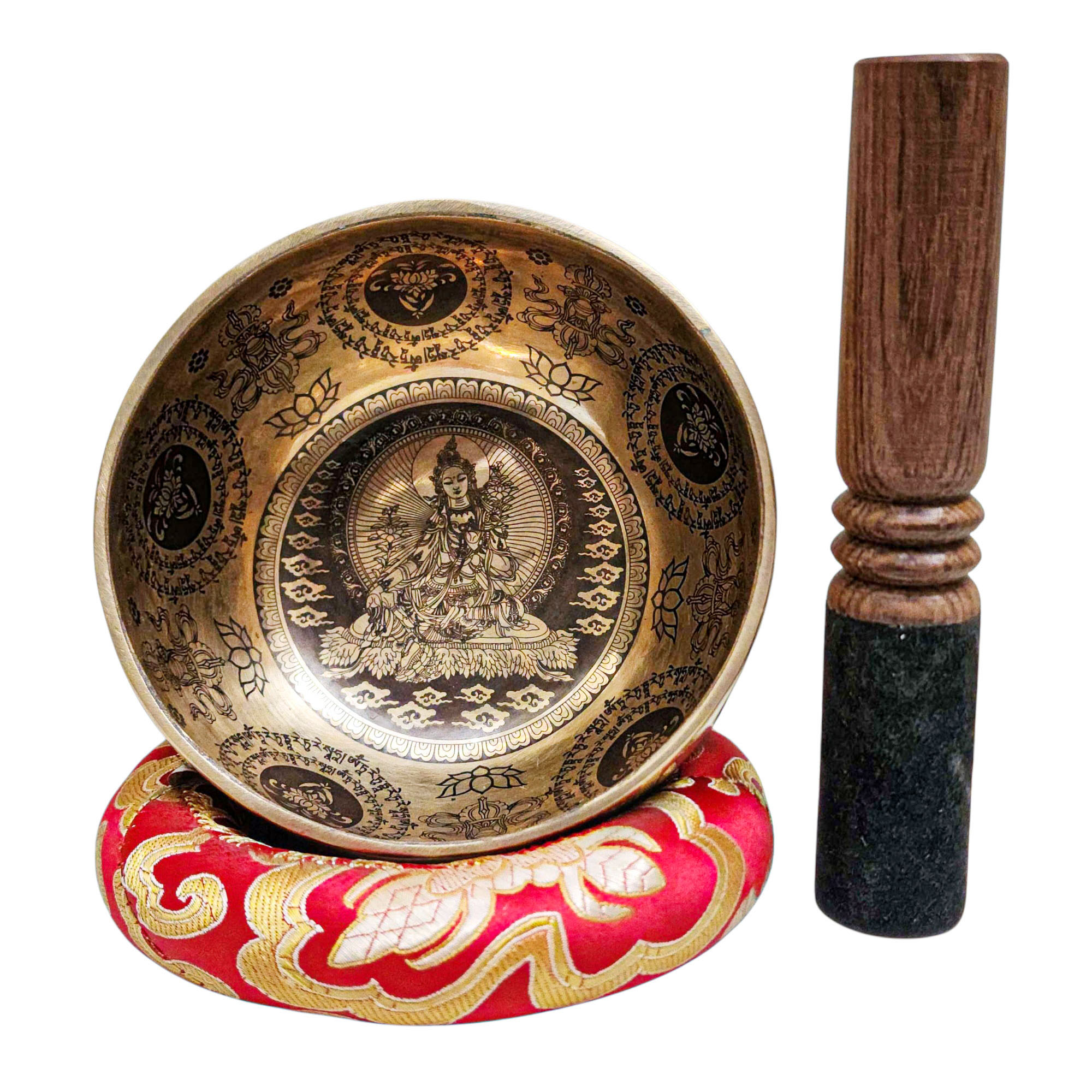 Singing Bowl, Buddhist Hand Beaten, With Fine Etching Carving, [green Tara], [select Accessories]