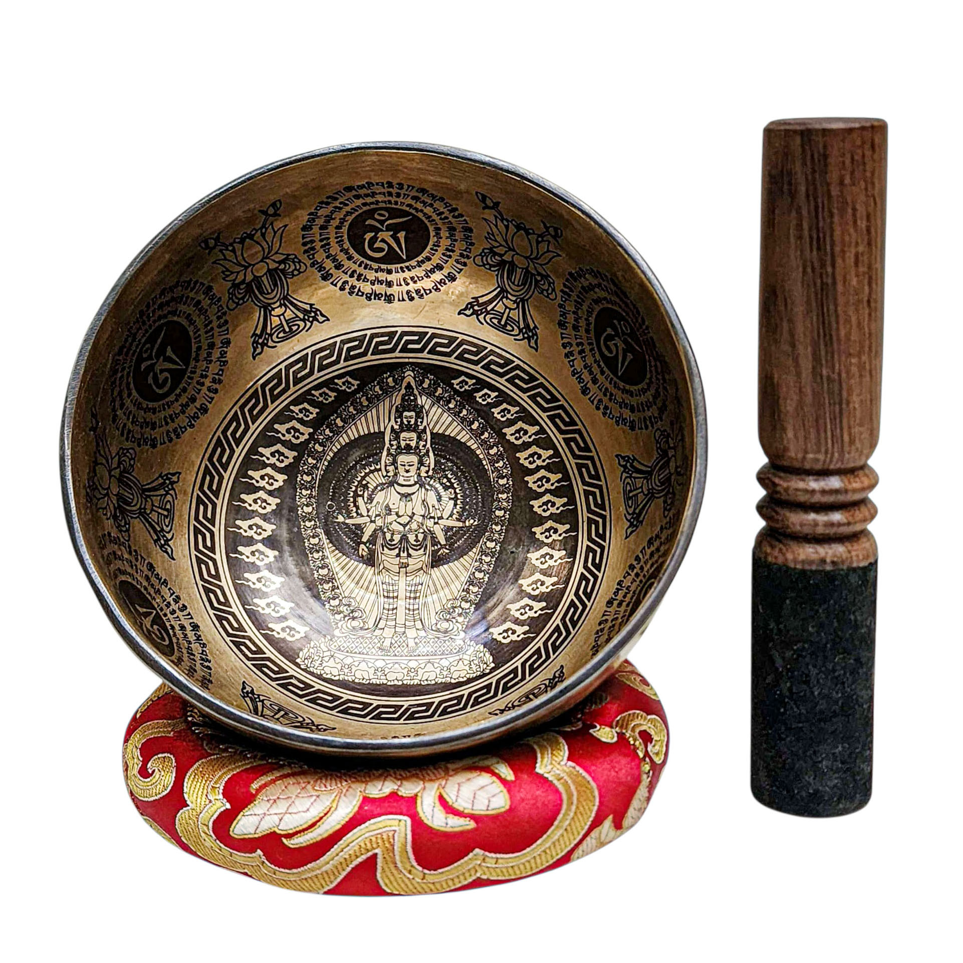 Singing Bowl, Buddhist Hand Beaten, With Fine Etching Carving, [sahasrabhuja Avalokitesvara], [select Accessories]