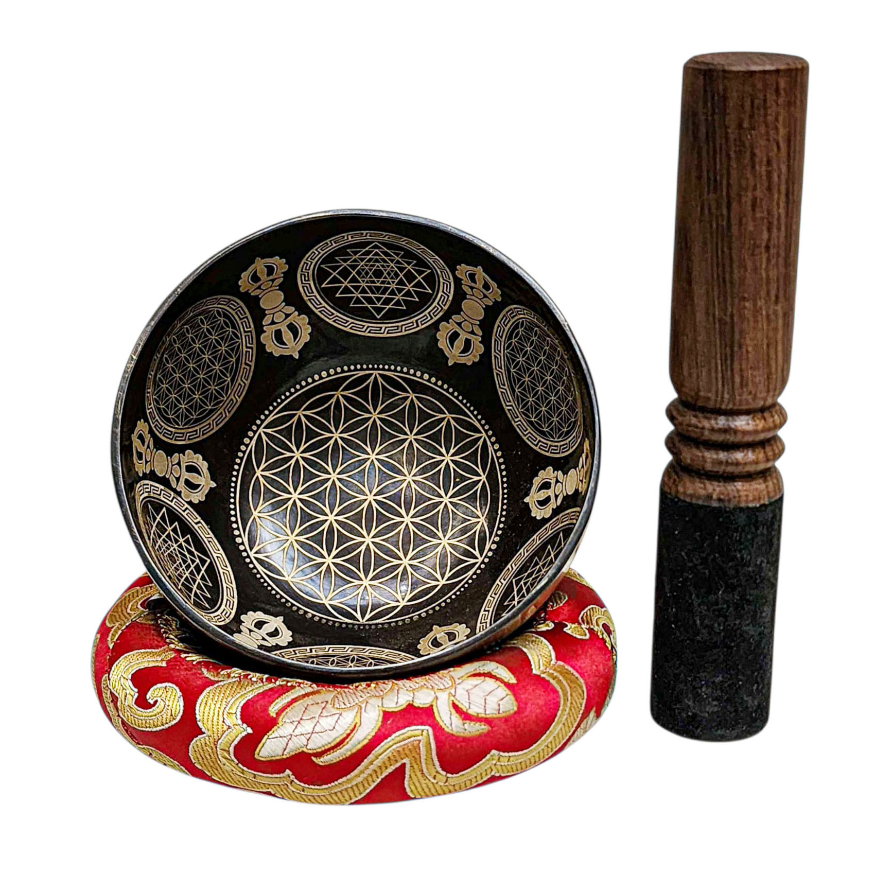 Singing Bowl, Buddhist Hand Beaten, With Fine Etching Carving, [flower Design], [select Accessories]