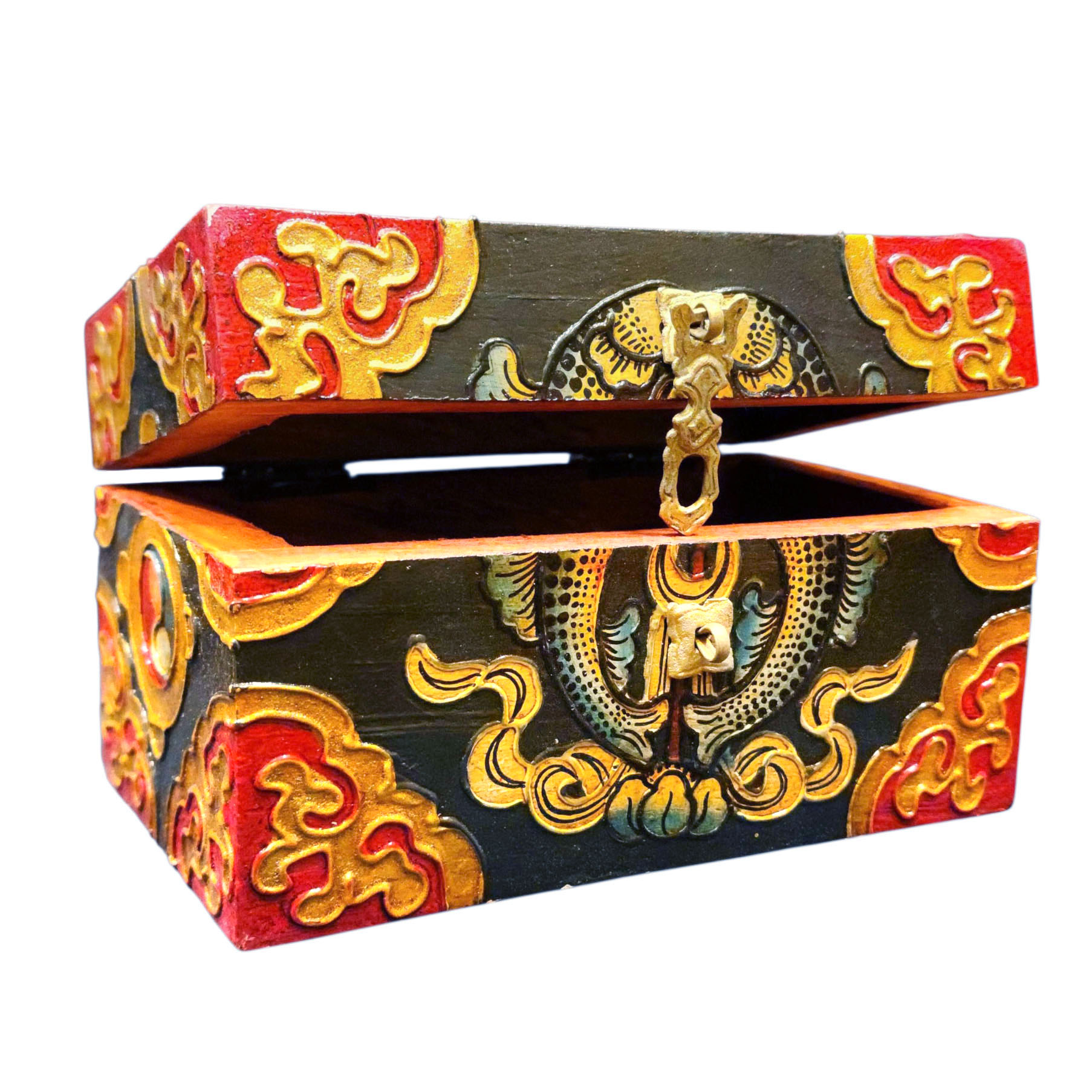 Buddhist Wooden Box With [fish] Design, Tibetan Style With Traditional Colors