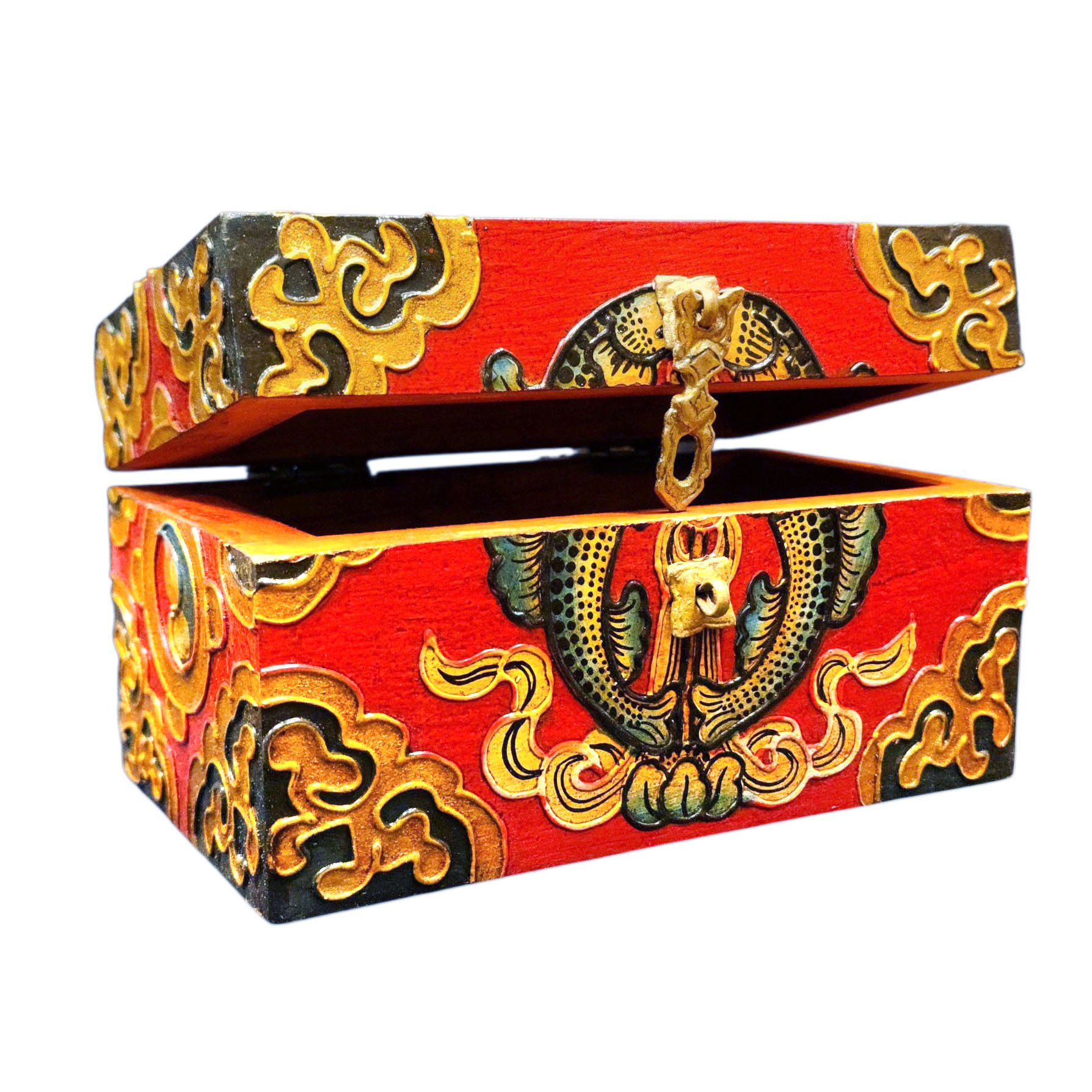 Buddhist Wooden Box With [fish] Design, Tibetan Style With Traditional Colors