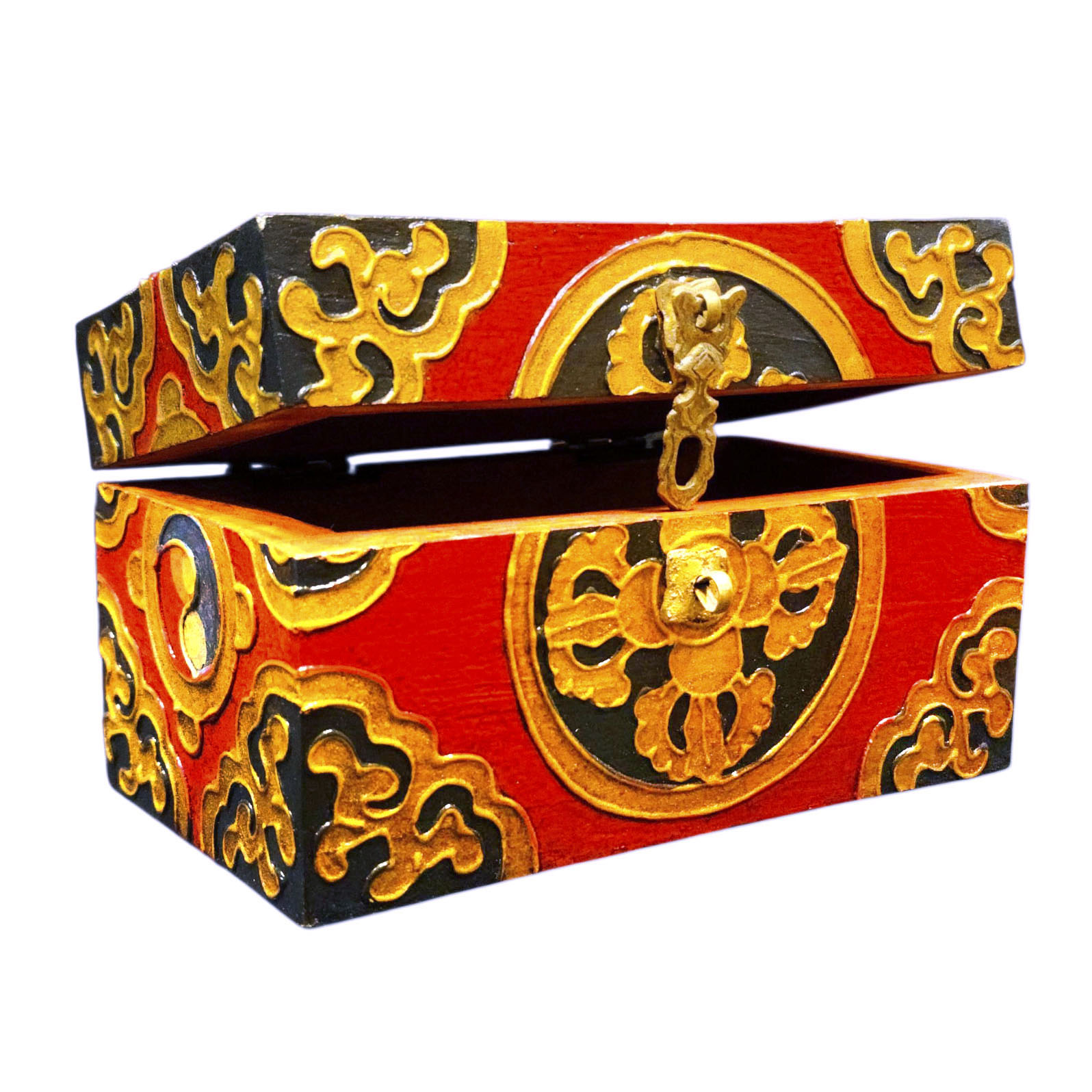Buddhist Wooden Box With [double Dorje] Design, Tibetan Style With Traditional Colors