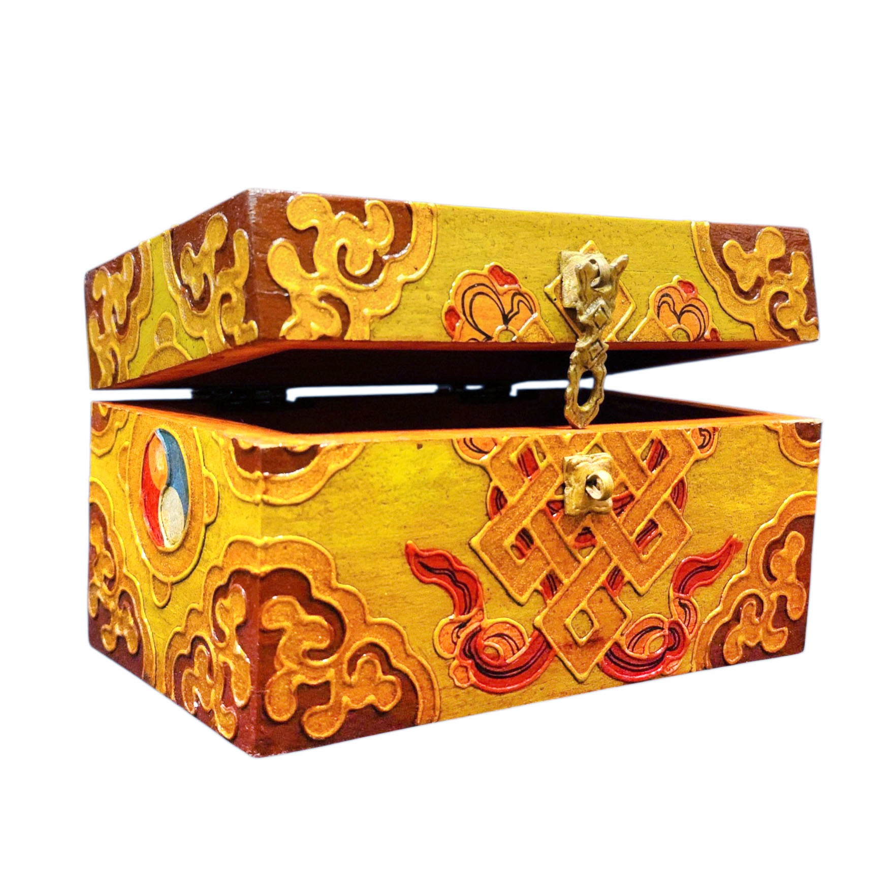 Buddhist Wooden Box With [endless Knot] Design, Tibetan Style With Traditional Colors