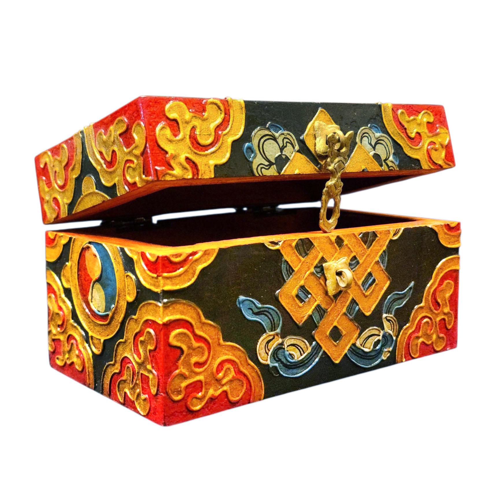 Buddhist Wooden Box With [endless Knot] Design, Tibetan Style With Traditional Colors